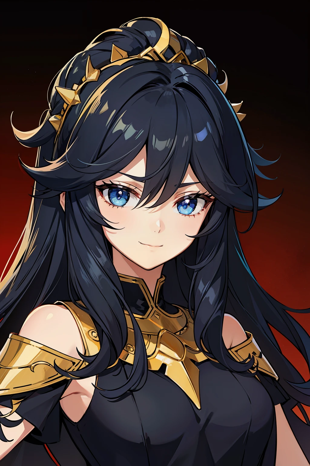 (high-quality, breathtaking),(expressive eyes, perfect face) portrait, 1girl, girl, solo, young adult, black hair, blue coloured eyes, stylised hair, gentle smile, medium length hair, loose hair, side bangs, curley hair, really spiky hair, spiked up hair, looking at viewer, portrait, ancient greek clothes, black long sleeved tunic gold trim around collar edges and down middle, greek, red and gold sash, simple background, slightly narrow eyes, small body, happy expression, clothes similar to Hypnos Saint Seiya, C cup size breasts, beautiful hairstyle, soft make up