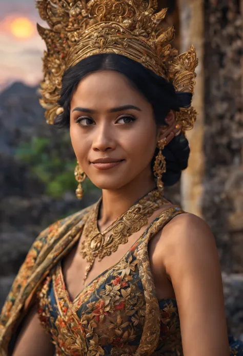 A beautiful pure black haired (Balinese:1.35) woman photo realistic portrait, donning Traditional Balinese Kebaya going to pray ...