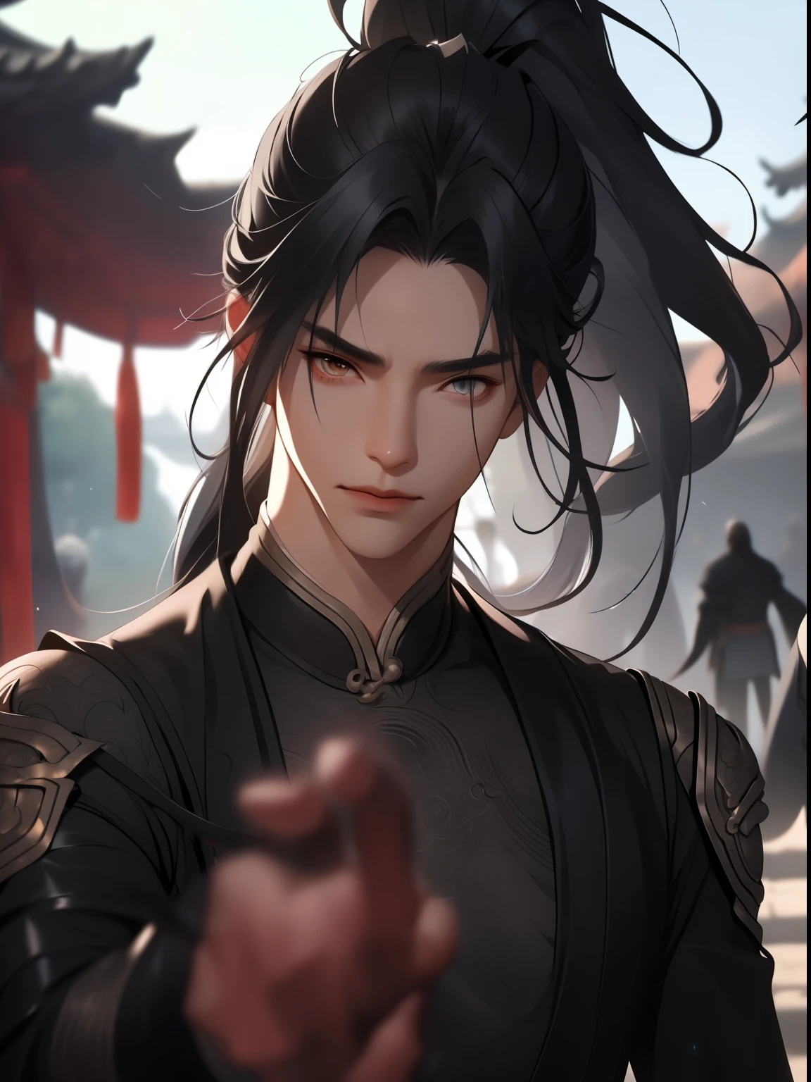 Xianxia, 1 garçon, mise au point masculine, seul, couleur de cheveux noirs, Longs cheveux gris, je regarde le spectateur, tenue sportive, queues de cheval, flou, Fermez-la, flou background, 黑L&#39;oeil