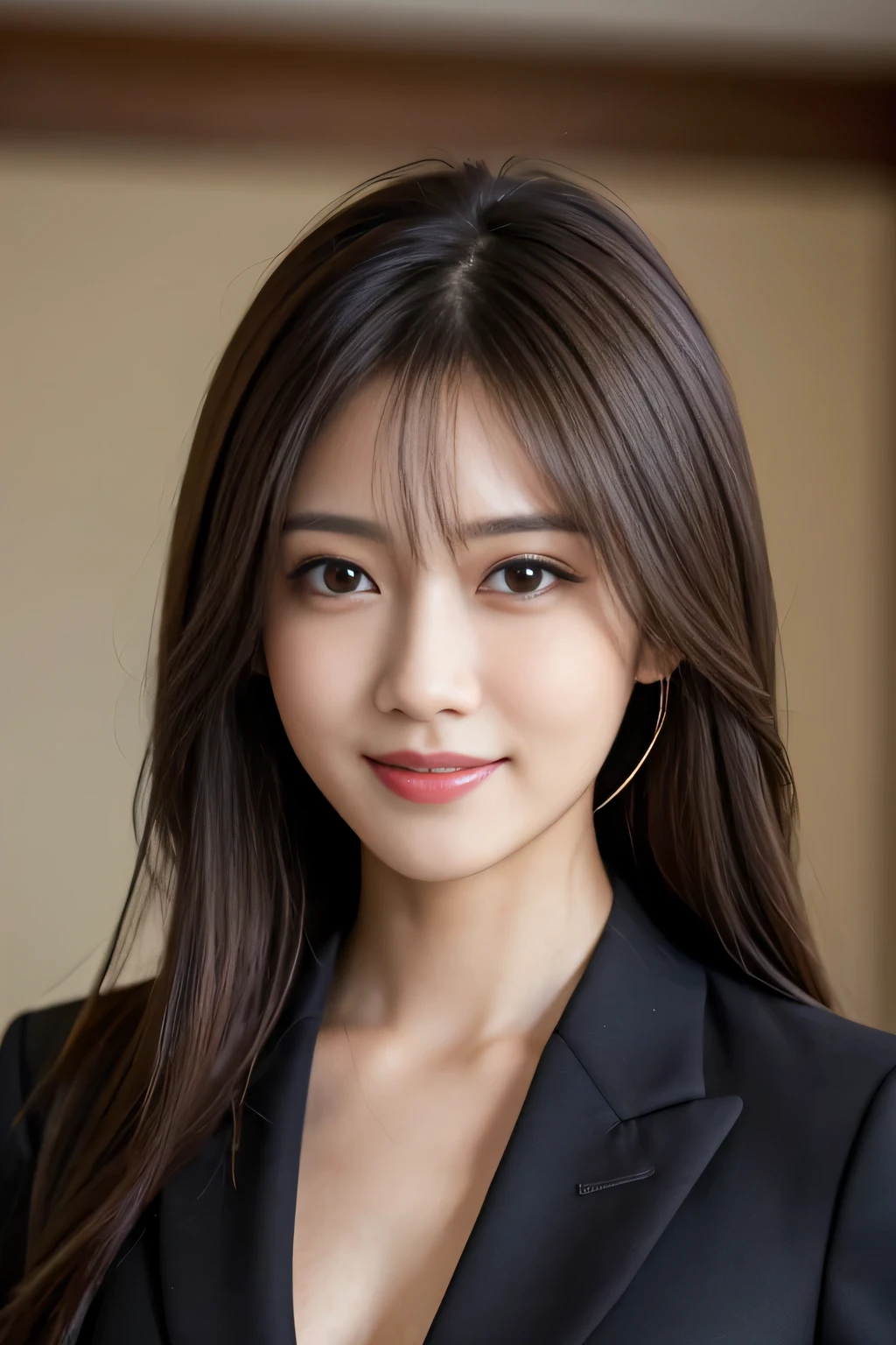 Best quality, realistically, ultra - detailed, Detailed pubic hair, A high resolution, 8k wallpaper, 1 Beautiful woman,,light brown messy hair, Wear a dark suit, lock focus, Perfect dynamic composition, beautidful eyes, Delicate hair, Detailed realistically skin texture, Smiling, closeup portrait, Model body type