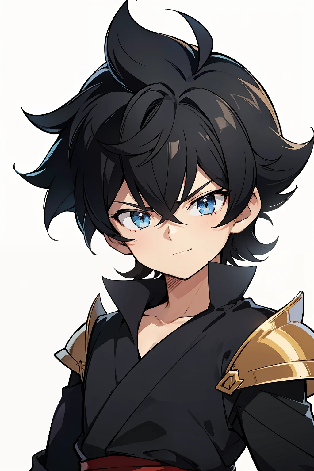 (high-quality, breathtaking),(expressive eyes, perfect face) portrait, 1boy, male, solo, young kid, , black hair, blue coloured eyes, stylised hair, gentle smile, medium length hair, loose hair, side bangs, curley hair, really spiky hair, spiked up hair, looking at viewer, portrait, ancient greek clothes, black long sleeved tunic gold trim around collar edges and down middle, greek, red and gold sash, simple background, slightly narrow eyes, masculine face, masculine eyes, baby face,happy expression, clothes similar to Hypnos Saint Seiya, 6 years old, tiny