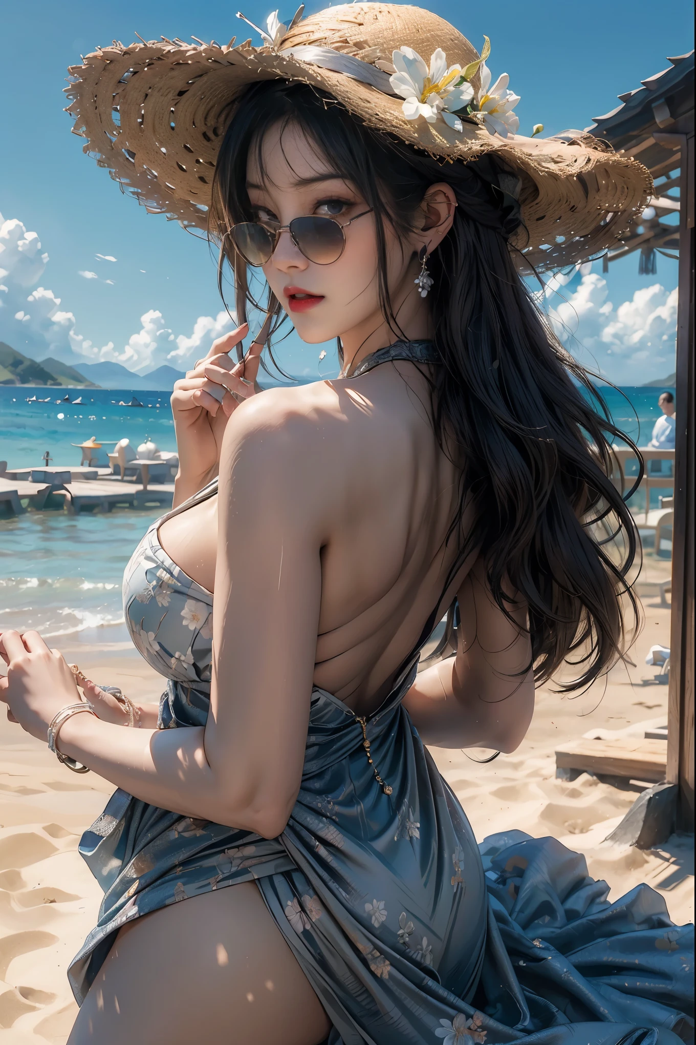 (((tmasterpiece)))，(((Very detailed CG unified 8k wallpaper)))，(((Best quality)))，1female，Moro Liberation Front，mature，Sit up with your right leg bent，Lying on a sandbeach chair，（dressed in ： Green stripes((Bikini))，((sun glasses))，((Straw Hat Hat))，），A lot of sweat，very huge big breasts，Snow-whiteskin，Beautiful detailed pupils，Redlip，Long black hair，bobo head，seen from the front，facing at the camera，（Background with：sandbeach，spray，pool） sky with many clouds，(((Movie Lighting)))，(((detailed back ground)))，Violent，exposed device，Bulge ，Raised sexy，Camel toes，sandbeach wind，Full body photo，((K-pop idol)),((Enchanting figure)),((delicate skin)),((beauitful face)),((flowers blooming))，((ear nipple ring))，((graceful stance))，((Correct anatomy))，