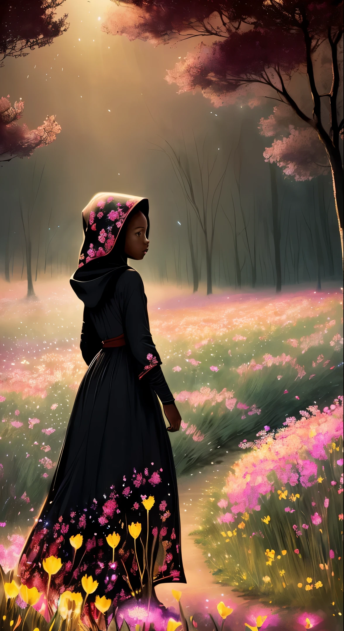 Meilleure qualité, chef-d&#39;œuvre, Beau wild and natural fantasy landscape with glowing lights, (((une fille noire solo vêtue d&#39;une robe à capuche rouge se promène dans un champ de fleurs))), ((peau sombre)), Beau, illustration à la craie, inspiré par Jakub Schikaneder, very Beau digital art, illustration de rêve, blurred and illustration de rêve, Cinématique, Surréalisme