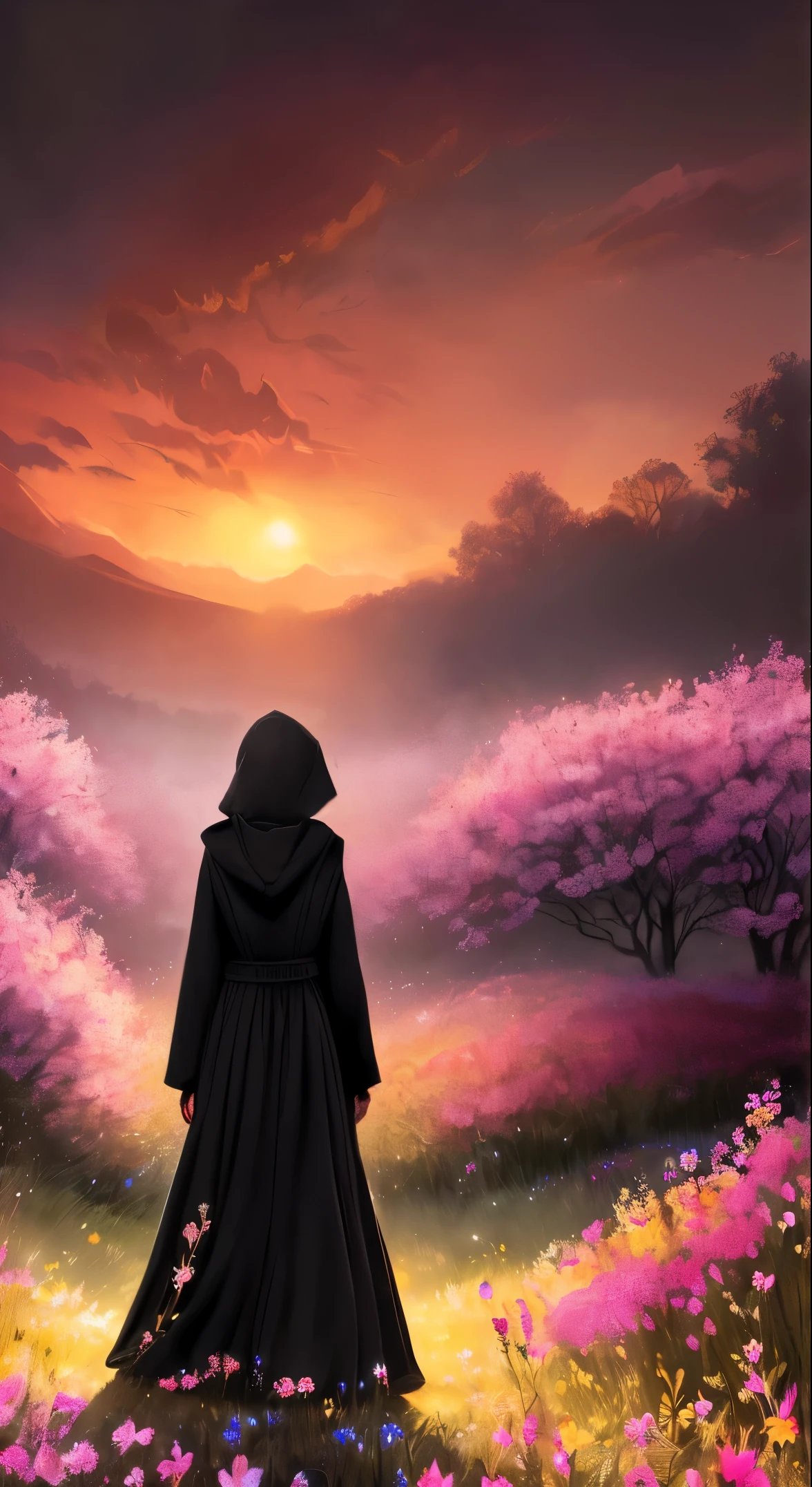 Meilleure qualité, chef-d&#39;œuvre, Beau wild and natural fantasy landscape with glowing lights, (((une fille noire solo vêtue d&#39;une robe à capuche rouge se promène dans un champ de fleurs))), ((peau sombre)), Beau, illustration à la craie, inspiré par Jakub Schikaneder, very Beau digital art, illustration de rêve, blurred and illustration de rêve, Cinématique, Surréalisme