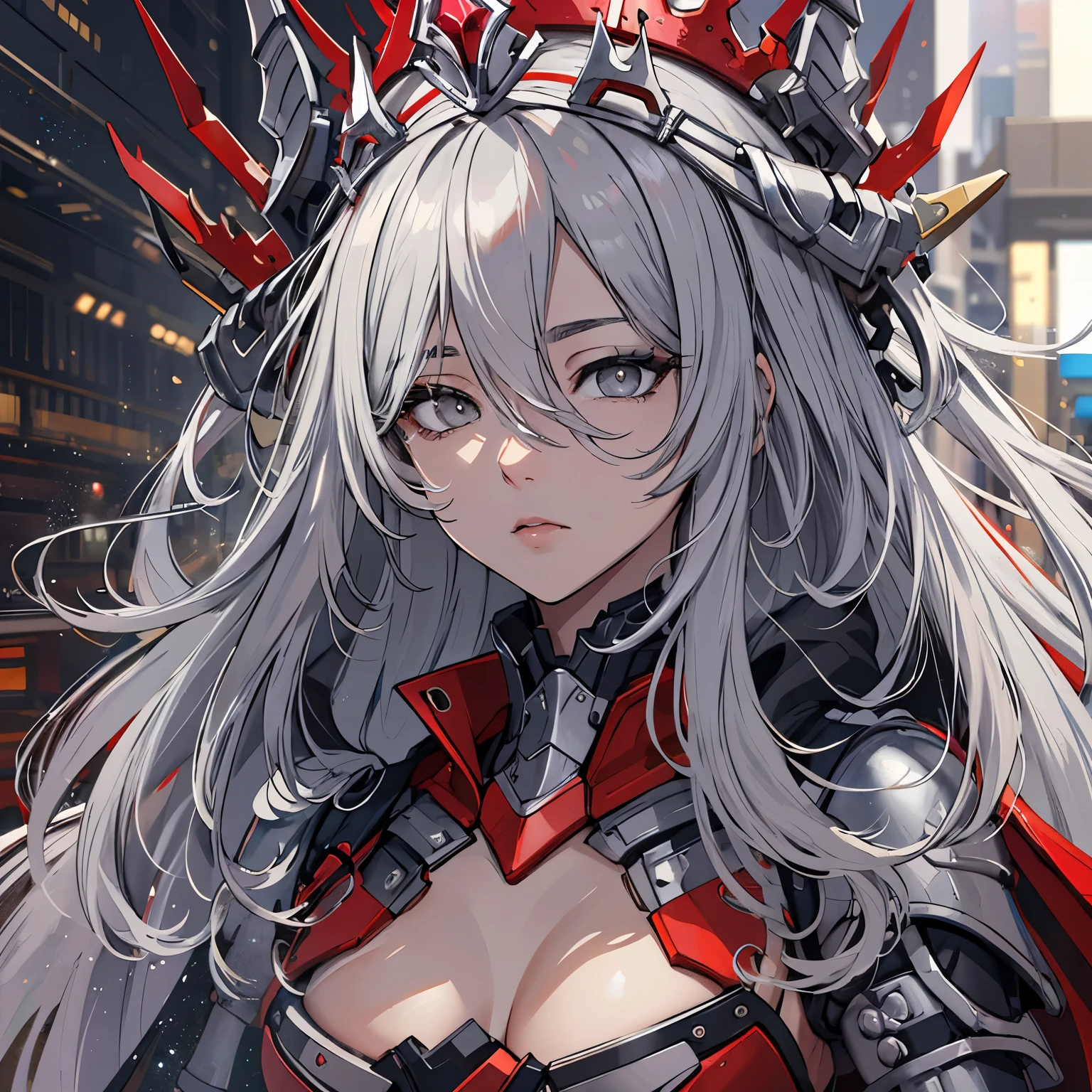 bokeh, masterpiece, best quality, high quality, absurdres, highres, 8k, 4k, (full body:1.3), (mecha musume:0.8), armor, older, expressionless, long silver hair, hair between eyes, sidelocks, (grey eyes:1.4), from below, looking down, medium breasts, red cloak, crown, red eyeliner, red, black, silver