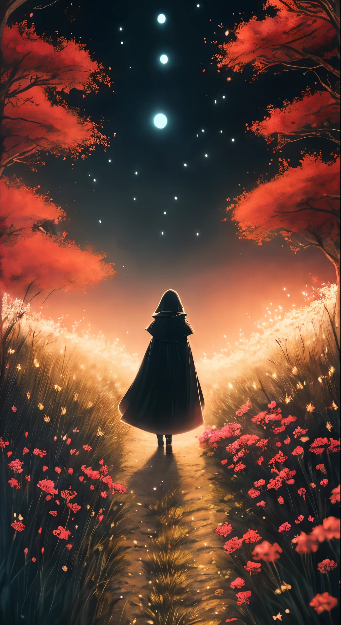 Meilleure qualité, chef-d&#39;œuvre, Beau wild and natural fantasy landscape with glowing lights, (((fille noire en solo))), (robe à capuche rouge) se promène dans un champ de fleurs))), ((peau sombre)), Beau, illustration à la craie, inspiré par Jakub Schikaneder, vibrant, illustration floue et rêveuse, Cinématique, Surréalisme