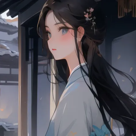 cabelos preto e longos，woman wearing gray hanfu,  anime long hair woman, from the girl, flowing hair and long robes,