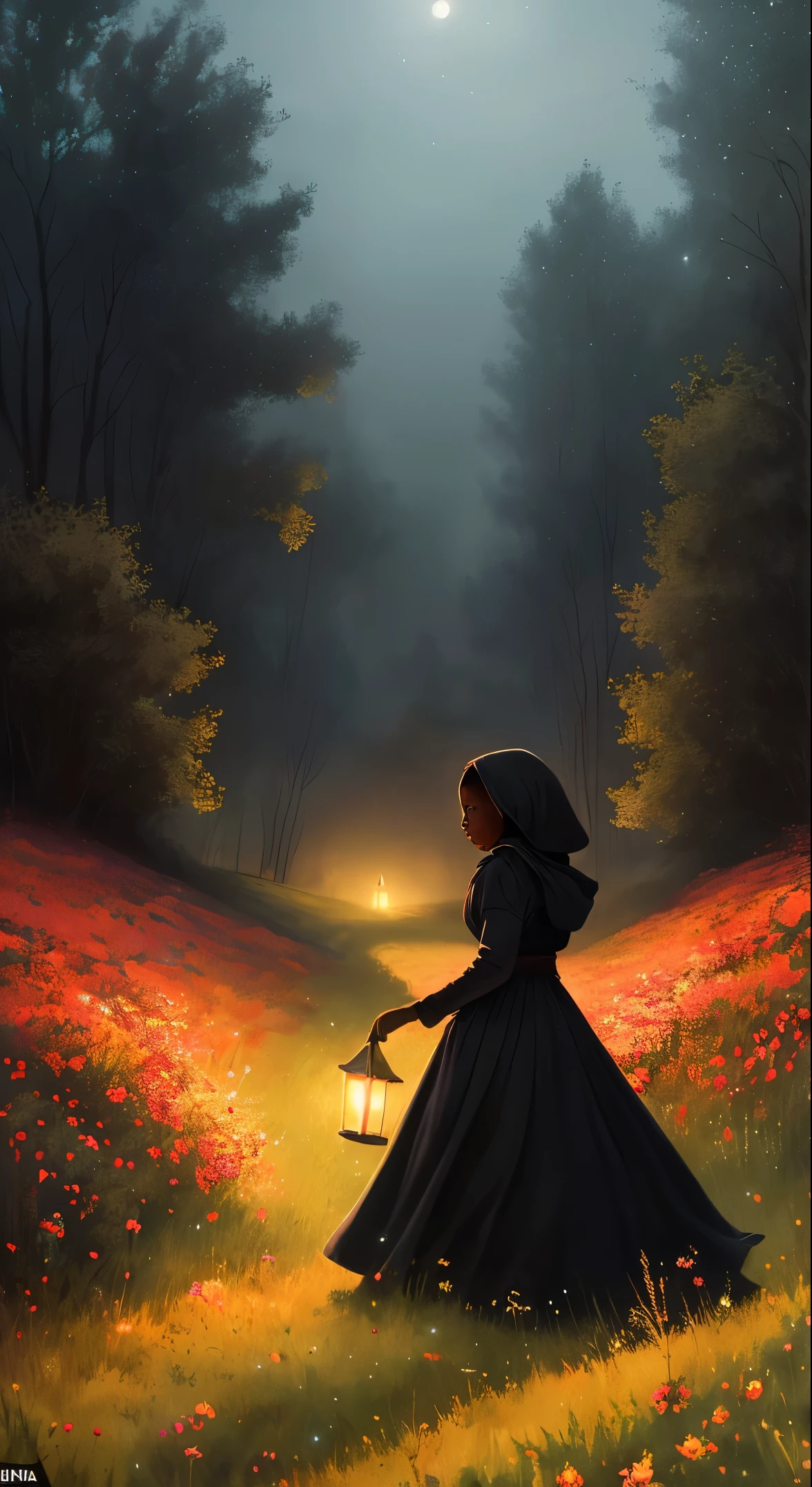 Meilleure qualité, chef-d&#39;œuvre, Beau wild and natural fantasy landscape with glowing lights, (((fille noire en solo))), (robe à capuche rouge) se promène dans un champ de fleurs))), ((peau sombre)), Beau, illustration à la craie, inspiré par Jakub Schikaneder, vibrant, illustration floue et rêveuse, Cinématique, Surréalisme