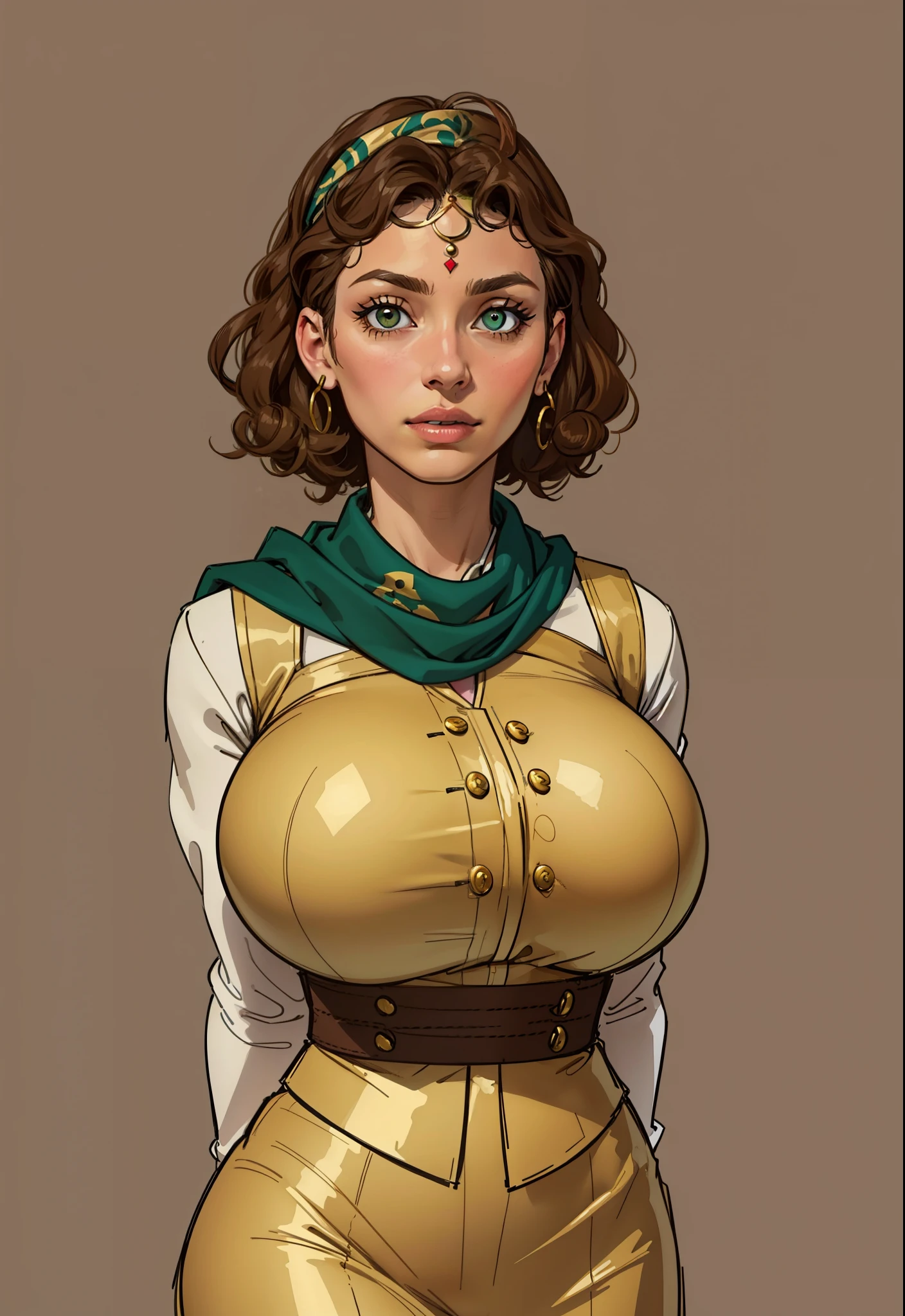uma  pirates wearring realistic pirates cloths,30 years old, latina face looking up, ((curly hair)) , ((gigantic breasts)), (gypsy), brown skin, mature, short hair, Stand up, maquiagem, Lips are soft or colored,  light, uncontrasted,  flat wallpaper background, silhuetas simples, lineart, minimalist, green eyes, ((gold bandana on forehead))