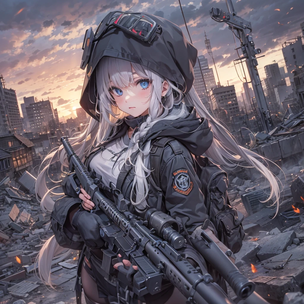 masterpiece, best quality, highres, 1girl, ((braids)), (blunt bangs), white hair, blue eyes, ultra detailed face, perfect proportion, military black hood jacket, foodie, ((hood up)), pleated mini skirt, long thigh-high socks, military boots, apocalyptic world, ruined city, rubble, destroyed city, wilderness, high ground, dynamic angle and pose, wind, moody lights, sunset, holding weapon, holding rifle, aiming at viewer, gun, detailed Barrett M82A1 , sniper rifle,