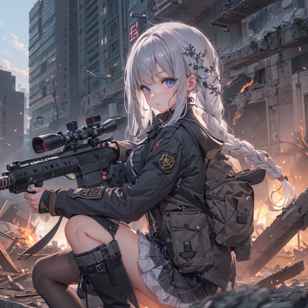 masterpiece, best quality, highres, 1girl, ((braids)), (blunt bangs), white hair, blue eyes, ultra detailed face, perfect proportion, military black hood jacket, foodie, ((hood up)), pleated mini skirt, long thigh-high socks, military boots, apocalyptic world, ruined city, rubble, destroyed city, wilderness, high ground, dynamic angle and pose, wind, moody lights, sunset, holding weapon, holding rifle, aiming at viewer, gun, detailed Barrett M82A1 , sniper rifle,