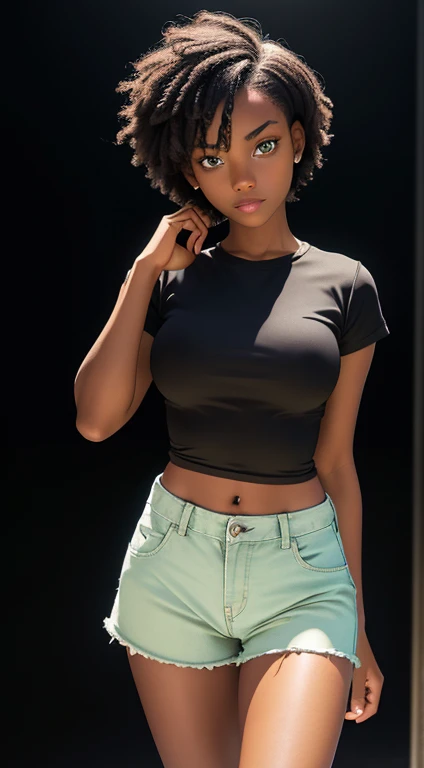 17 year old black girl with very short straight hair, light green eyes, perfect breasts, perfect butt, toned legs, perfect body, wearing long shirt and tight short shorts, pose with black background