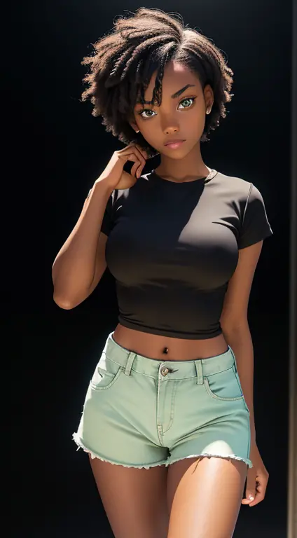 17 year old black girl with very short straight hair, light green eyes, perfect breasts, perfect butt, toned legs, perfect body,...