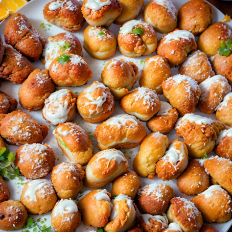 a delicious bolinho on a plate,traditional brazilian street food,deep-fried dough filled with cheese and meat,tasty and mouthwatering,crunchy on the outside and soft on the inside,[warm,hot] and freshly made,[golden-brown,crispy] crust,[meaty,gooey] cheese...