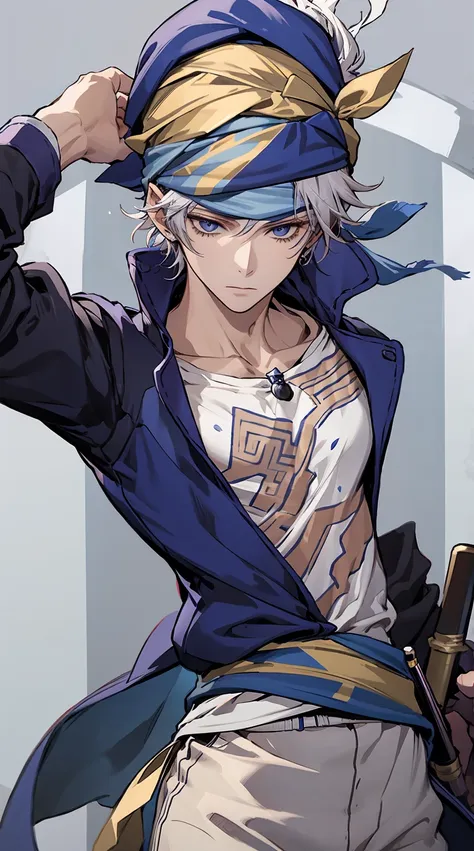 1young man,male photo, solo,blue bandana on head,fantastic,in the labyrinth,best quality, masterpiece,ultra detailed