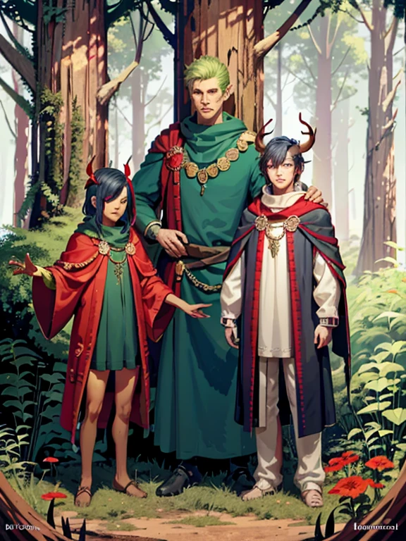 ((character concept art)), Video game character design, Detailed male with red skin,navy blue hair, Two thin horns,Dressed as a druid,illustartion,Realistic,Harmonious colours,natural lighting,Forest setting, green clothes