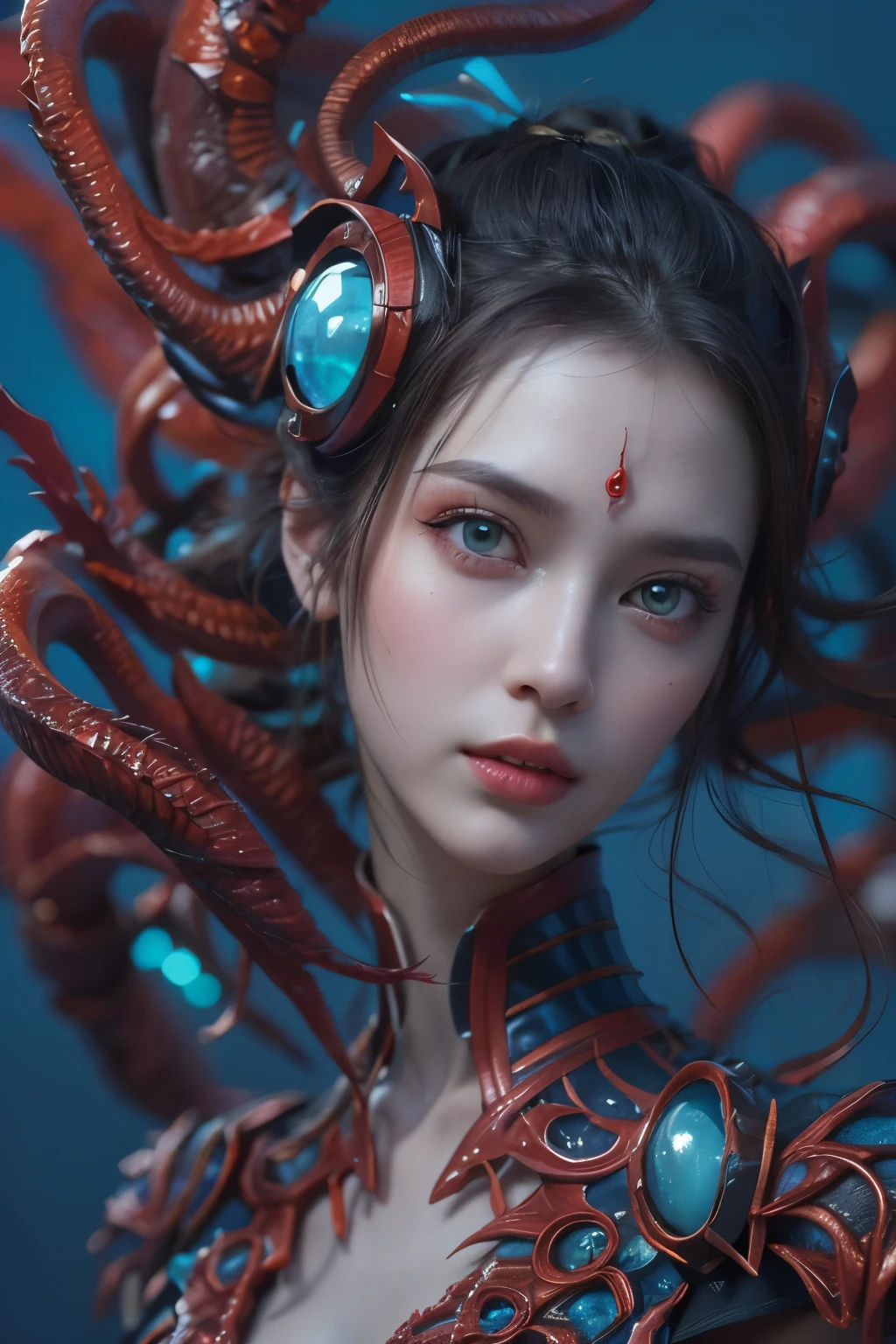 (Female Alien:1.2), Beautiful face, seduces, red eyes, Full body like, A sexy, alien, No humans, an alien, cells are fused, Multiple hands, (Lots of blue tentacles), (blue skin:1.3), extraterrestrial, cell, bio image, 魅惑的, Best Quality, 8K,4K_quality, high_Definition,Dramatic Lighting, masutepiece:1.5,cinematic quality, detail up, (Intricate details:1.2), high resolution, High Definition, drawing faithfully, (Thick eyebrows:1.2), (Big scarlet eyes:1.6), Beautiful eyes with fine symmetry, (Ultra detailed eyes:1.2),(Highly detailed face and eyes:1.2), (High-resolution red-eye:1.4), Intimate face, (Super detailed skin quality feeling:1.4), Perfect Anatomy,  (Beautiful toned body:1.5),  (Moist skin:1.2), No makeup, (dark circles:1.1), long canines