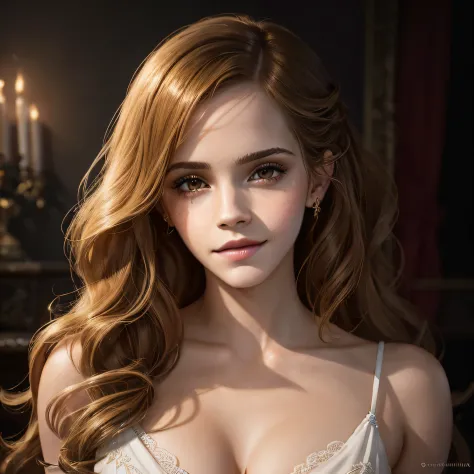 Emma Watson, tours of sexy prostitutes, Portrait du personnage, 4 9 9 0 s, long curly hair, souriante, aguicheuse, complexe, ele...