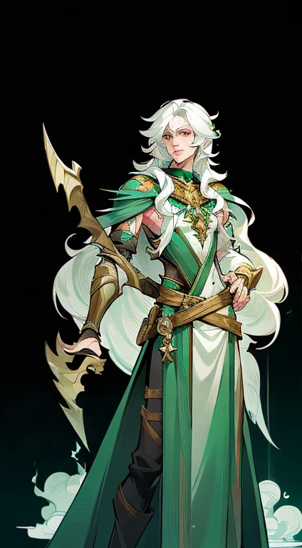 ((character concept art)), Video game character design, Detailed male with pale skin,midle hair, druid, half-elf ,Dressed as a druid,illustartion,Realistic,Harmonious colours,natural lighting, green clothes, white hair, curly hair1.3.A detailed eye, Transparent，fantasy style，extremely beautiful，High balance, natural light