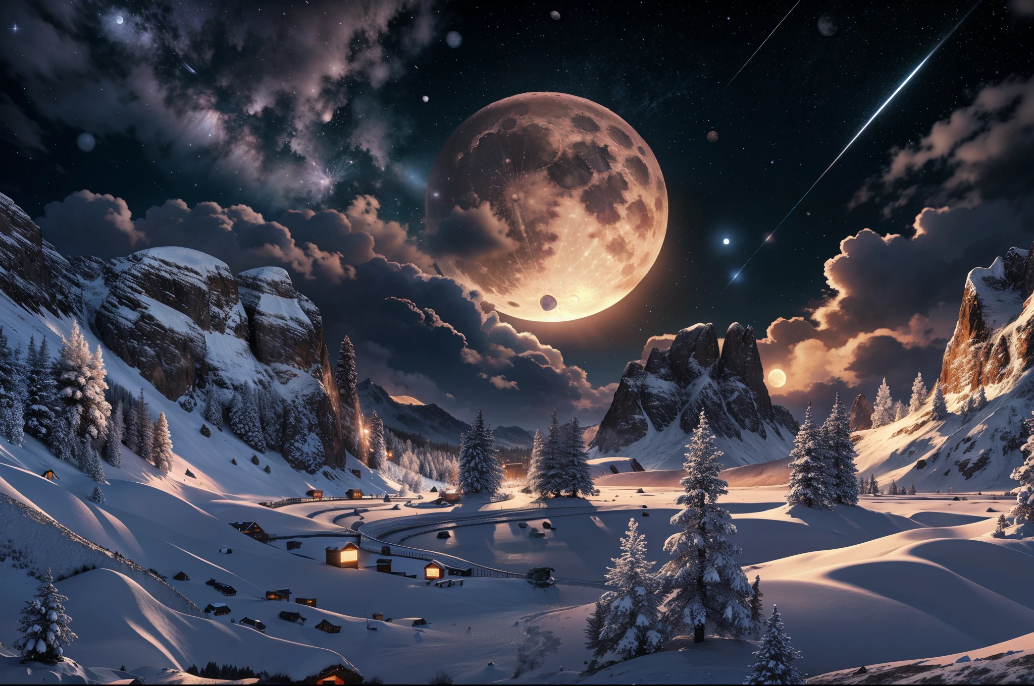 a view of a snowy mountain with a full moon in the sky, 4k highly detailed digital art, inspired by Christopher Balaskas, by Christopher Balaskas, 8k stunning artwork, 8k high quality detailed art, 4k detailed digital art, moonlight snow, beautiful digital artwork, moon landscape, 4 k hd illustrative wallpaper, background artwork