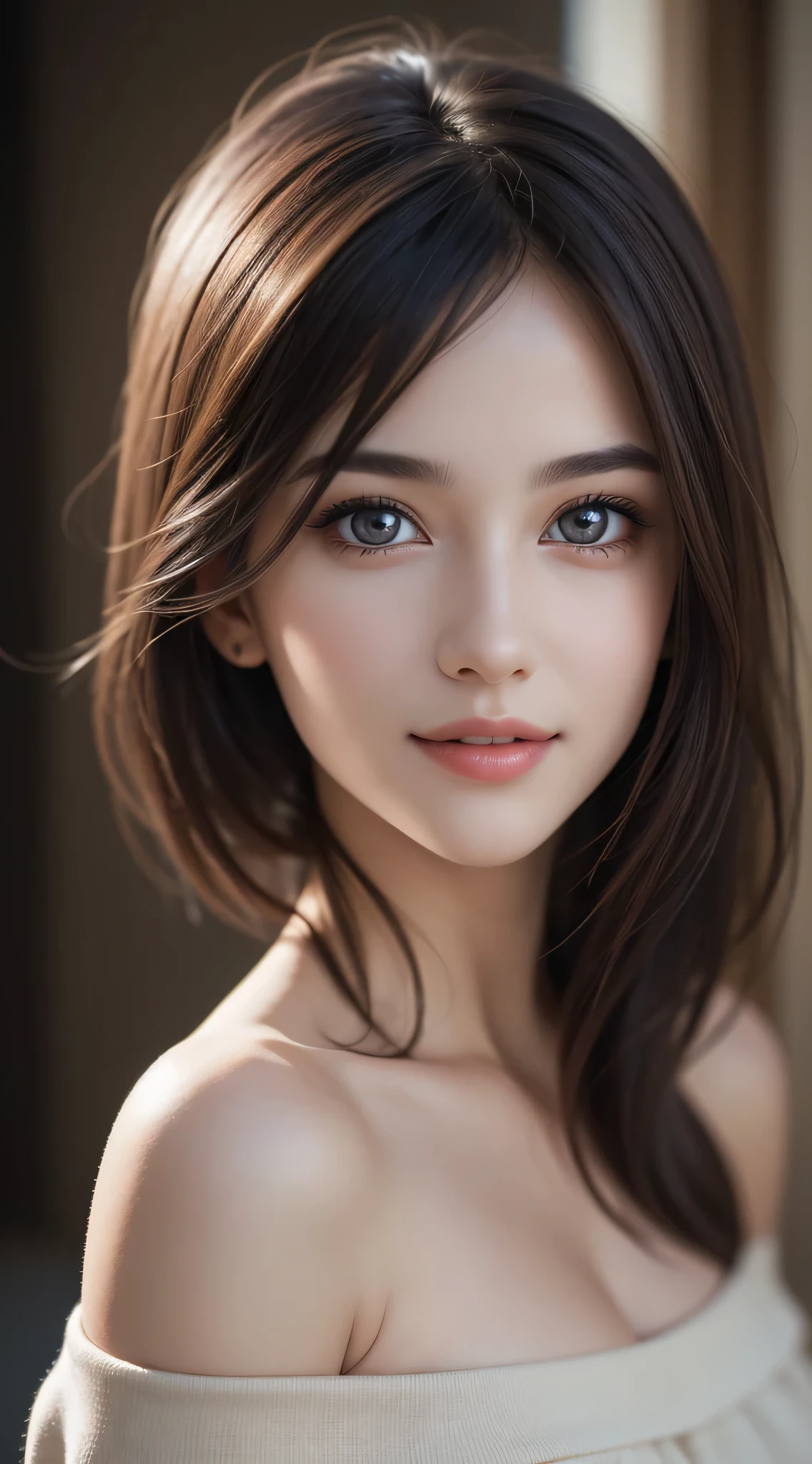 1girl in, (Ultra Realistic), (Highly detailed eyes, Highly detailed hair, Highly detailed face, Highly detailed plump lips), Naked, (off shoulders), breasts, Upper body, Search Smile, (Best Quality:1.4), Raw photo, (Realistic, photo-Realistic:1.37), Professional Photography, Cinematic Light,