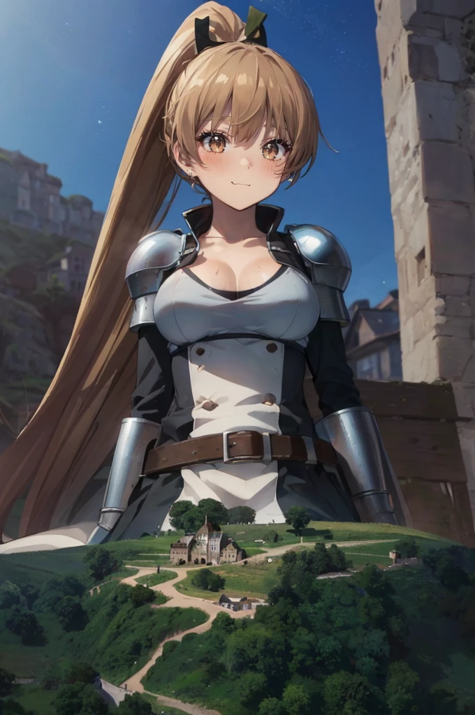 (erect nipples:1.2), (beautiful mature woman: 1.2), very detailed, beautiful, professionally drawn, bright sky, shiny detailed breasts, (perfect beautiful skin), (tiny villages of people on a cliff in front of a giantess breasts: 1.2), (a tiny village on a tiny hill in front of the breasts of a giantess: 1.2), a giantess looming over a tiny village on a tiny hill, (tiny adventurers: 1.1), (tiny villages on a tiny cliff in front of a girl: 1.1), (tiny villages on a cliff: 1.1), giantess girls in the background, simple background, (dark deep forest:1.1), giantess girls in the background, multiple girls, (giantess:1.1),  breasts, (foreshortening:1.2), (giantess:1.2), smug laughing, sitting, hills, cliffs, mountains, (sweaty:1.2), slight smile, medieval dress armor