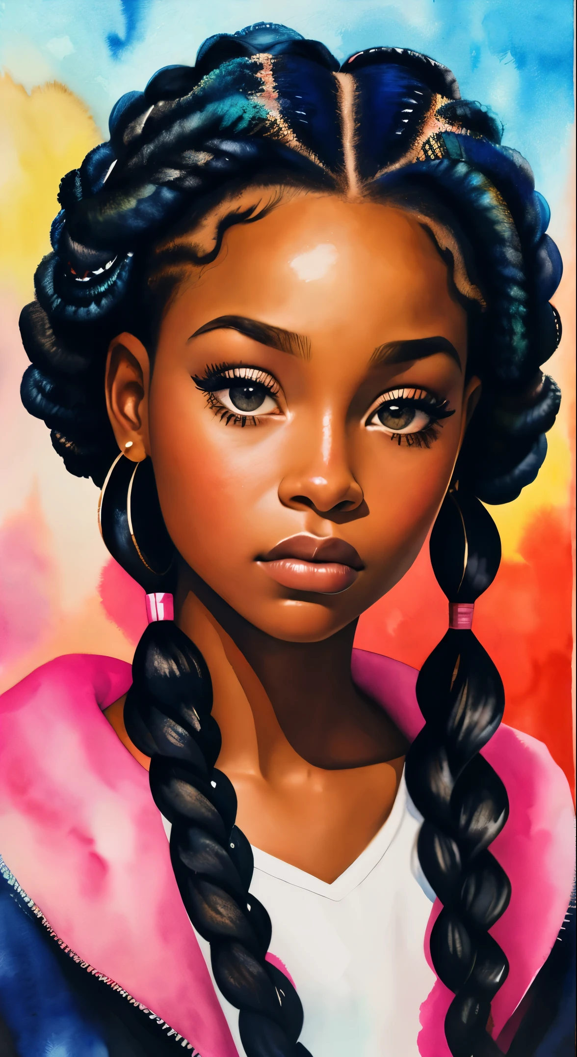 pintura de uma mulher com cabelos cacheados no cabelo, inspirado em Chinwe Chukwuogo-Roy, linda garota negra, Garota afro-americana, adolescente negra, retrato em aquarela, tendências em arte, carrancudo, apático, tranças encaracoladas brilhantes, Altamente detalhado, 8K, Ultra HD