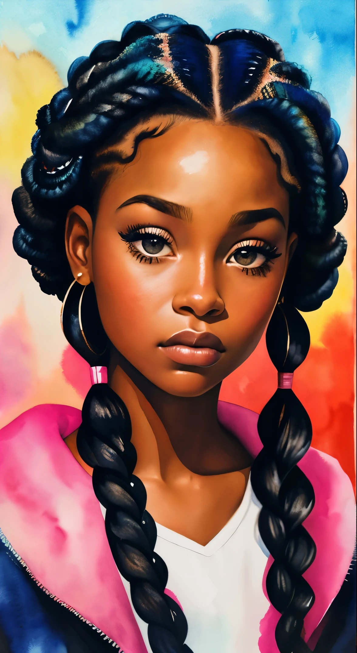 cuadro de una mujer con el pelo rizado en el pelo, inspirado por Chinwe Chukwuogo-Roy, Chica bonita negra, chica afroamericana, adolescente negra, Retrato en acuarela, tendencia en artstration, ceñudo, apático, trenzas rizadas brillantes, muy detallado, 8K, HD