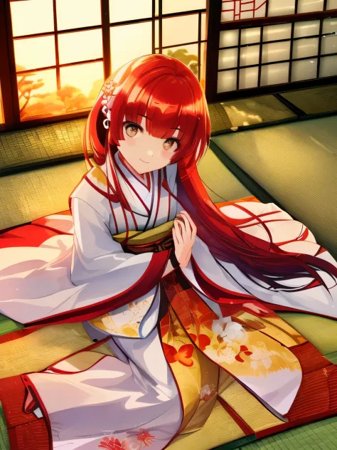 1girl, red white yellow kimono dress, japanese inn, smiling, formal sitting, seiza position, tatami mat, sunrise, windows