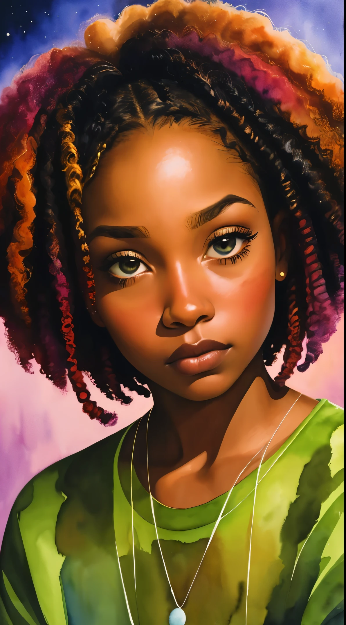 painting of a woman with a curly hair in her hair, inspired by Chinwe Chukwuogo-Roy, pretty black girl, african american girl, black teenage girl, watercolor portrait, trending on artstration, frowning, apathetic, shiny curly braids, highly detailed, 8k, uhd