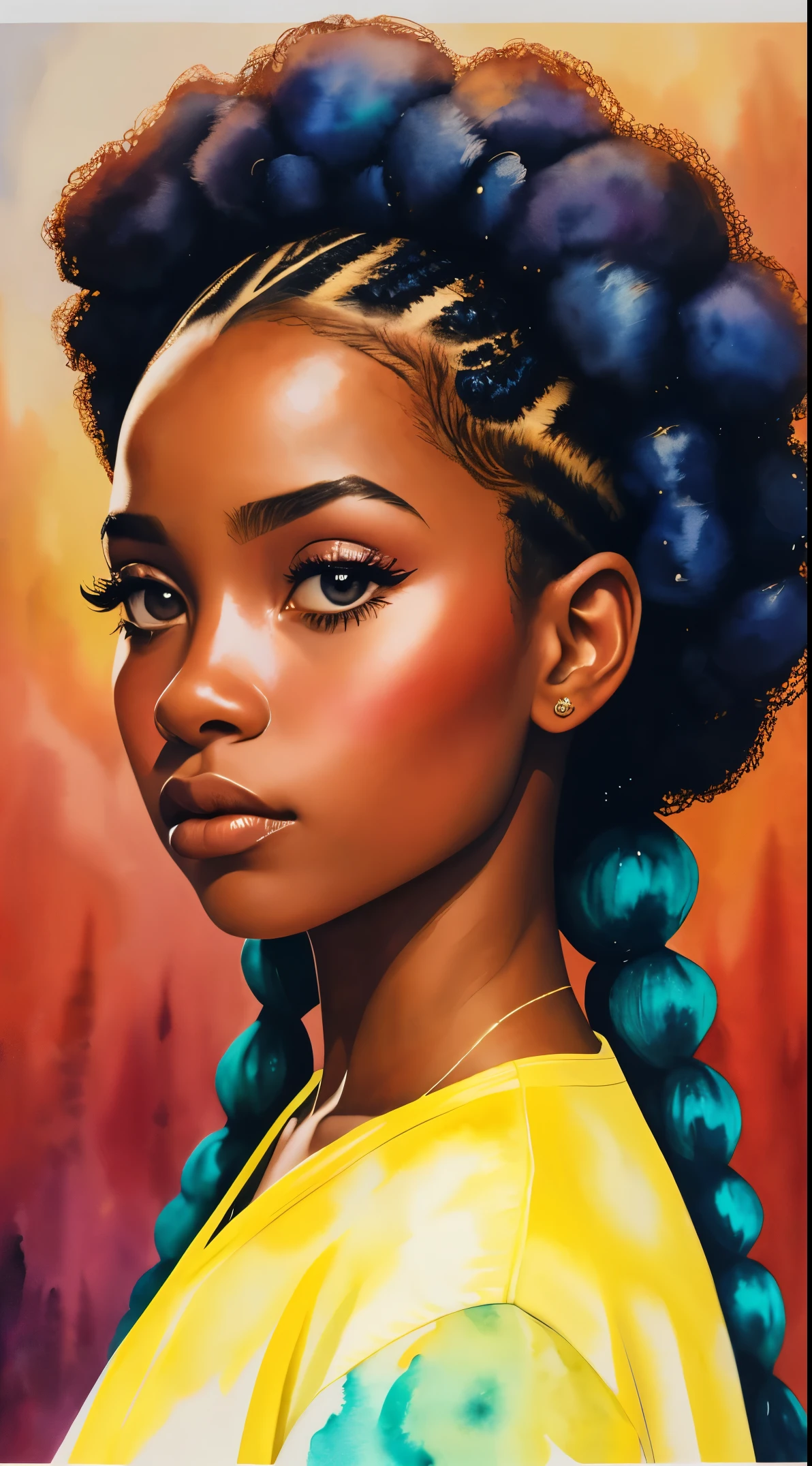 cuadro de una mujer con el pelo rizado en el pelo, inspirado por Chinwe Chukwuogo-Roy, Chica bonita negra, chica afroamericana, adolescente negra, Retrato en acuarela, tendencia en artstration, ceñudo, apático, trenzas rizadas brillantes, muy detallado, 8K, HD