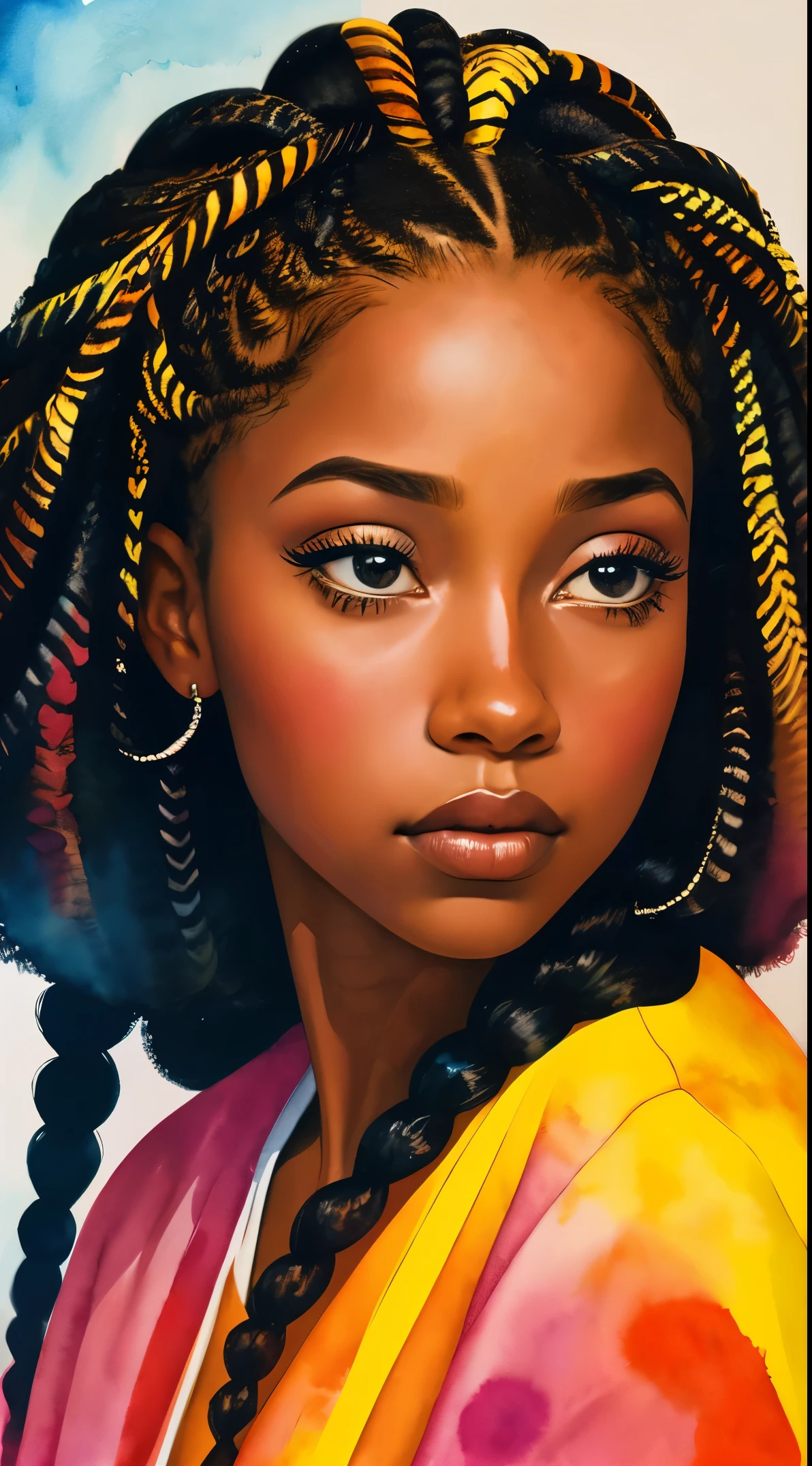 cuadro de una mujer con el pelo rizado en el pelo, inspirado por Chinwe Chukwuogo-Roy, Chica bonita negra, chica afroamericana, adolescente negra, Retrato en acuarela, tendencia en artstration, ceñudo, apático, trenzas rizadas brillantes, muy detallado, 8K, HD