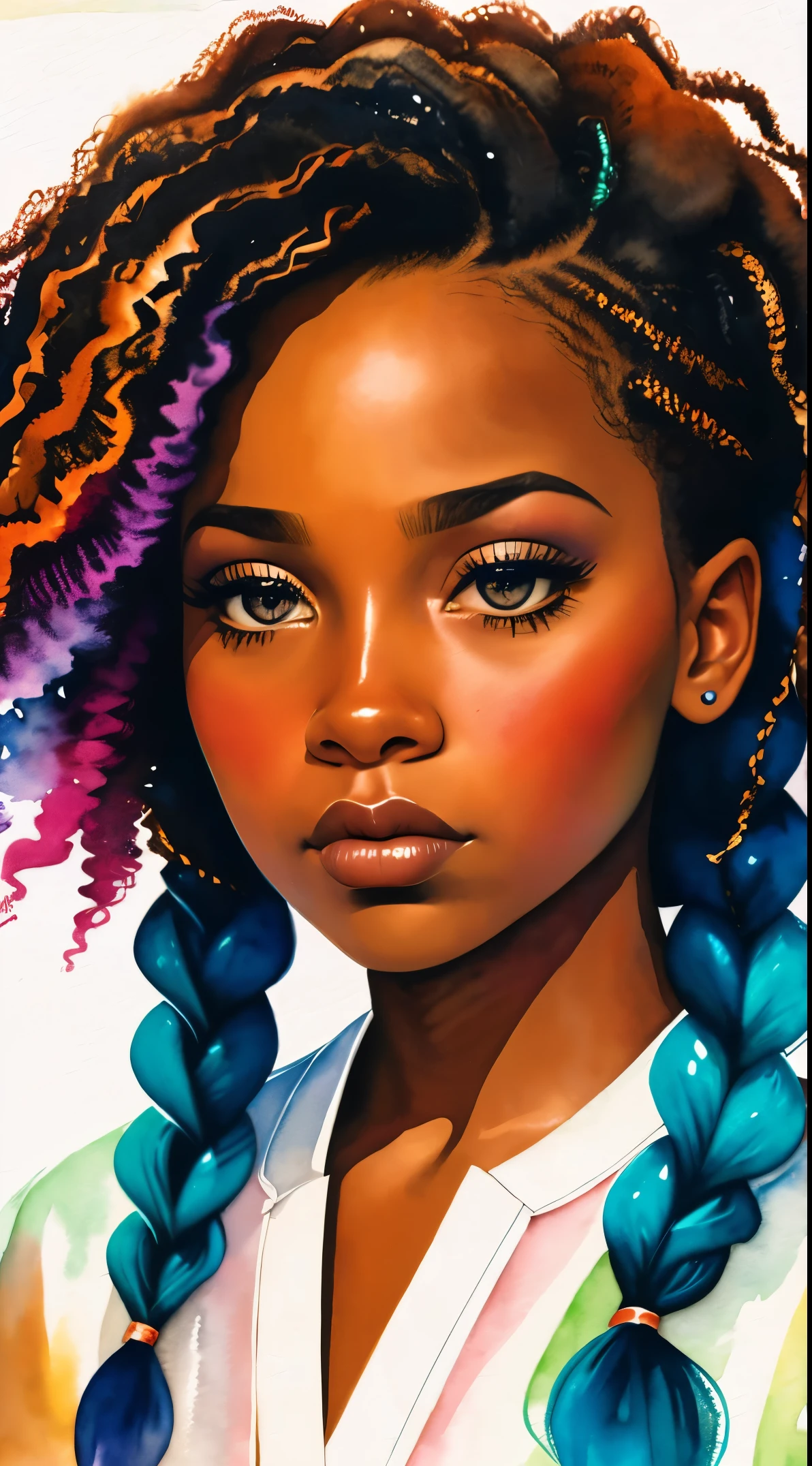 Картина женщины с вьющимися волосами, вдохновленный Чинве Чуквуого-Роем, хорошенькая черная девушка, Африканская американская девушка, черная девочка-подросток, акварельный портрет, в тренде на artstration, Нахмурившись, апатичный, блестящие вьющиеся косички, очень подробный, 8К, UHD