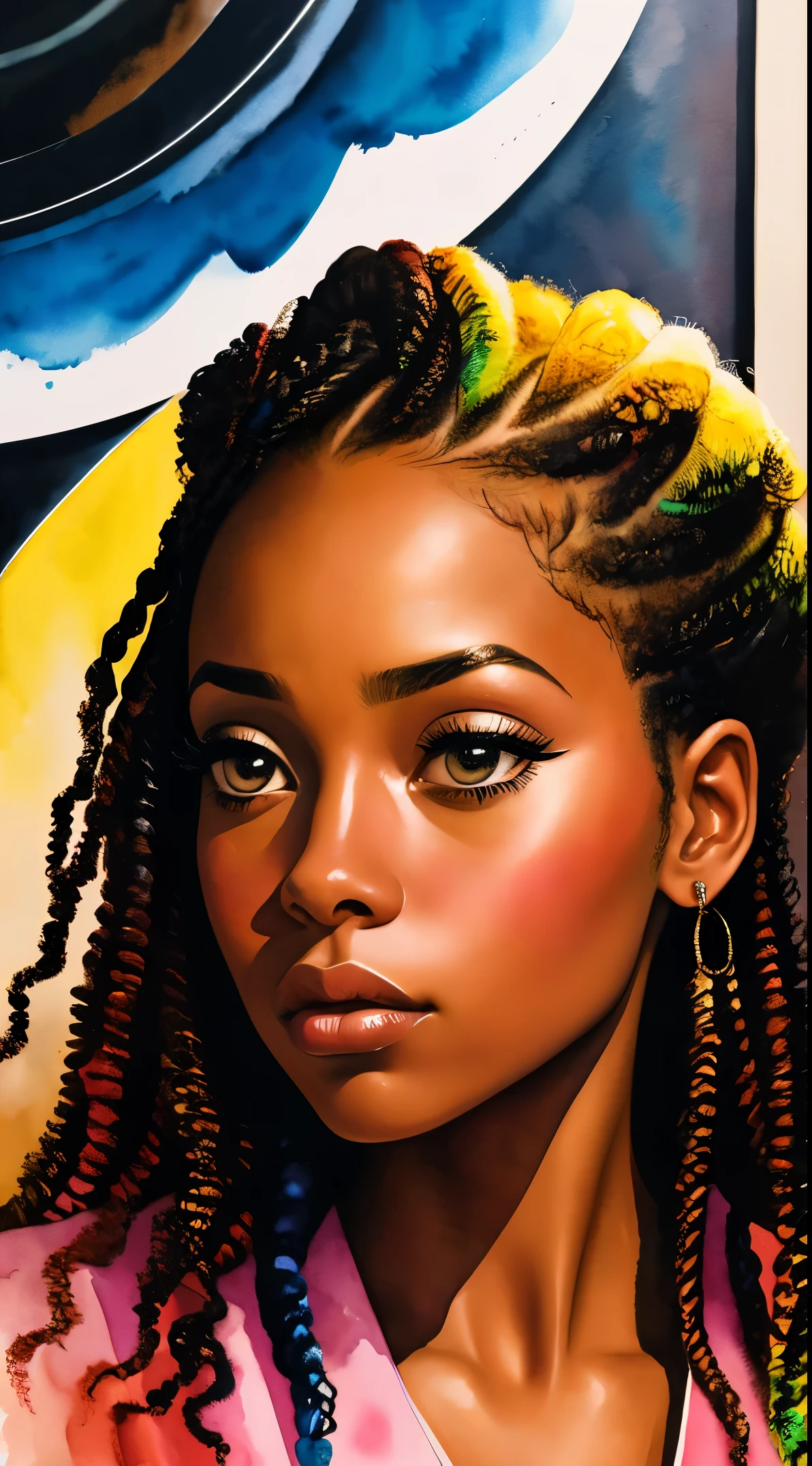Картина женщины с вьющимися волосами, вдохновленный Чинве Чуквуого-Роем, хорошенькая черная девушка, Африканская американская девушка, черная девочка-подросток, средний крупный план, акварельный портрет, в тренде на artstration, Нахмурившись, апатичный, блестящие вьющиеся косички, очень подробный, 8К, UHD