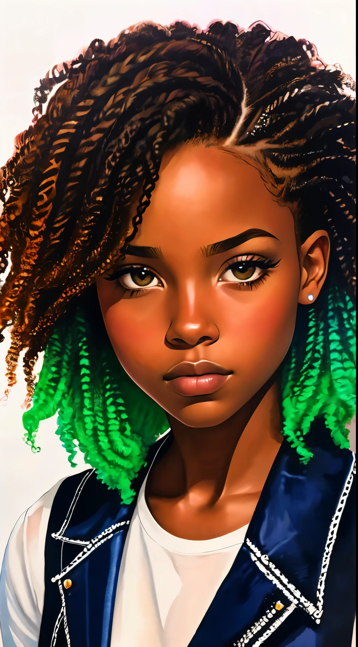 pintura de uma mulher com cabelos cacheados no cabelo, inspirado em Chinwe Chukwuogo-Roy, linda garota negra, Garota afro-americana, adolescente negra, retrato em aquarela, tendências em arte, carrancudo, apático, tranças encaracoladas brilhantes, Altamente detalhado, 8K, Ultra HD