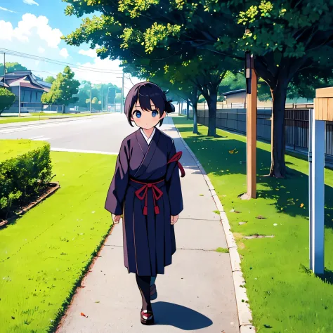 elementary school girl wearing japanese kendo uniform，walking on the way home。