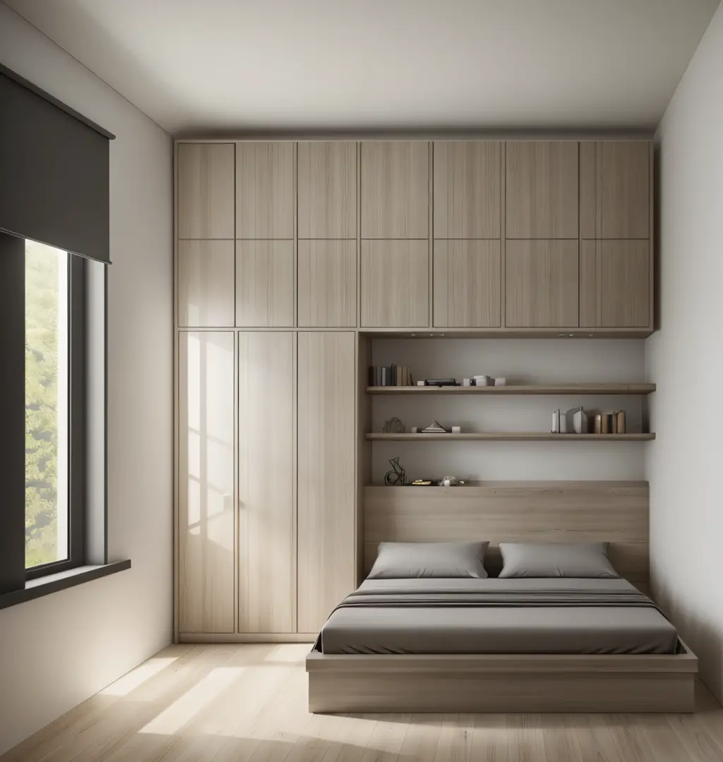 Bedroom, oak industrial wood furniture, 1 oak wardrobe, oak bedside shelf, 1 oak bed, 1 set of gray glass windows + curtains, glossy white flat plaster ceiling with colored outer edges credit with fluorescent lights, light gray stone ceramic tile floor, pe...