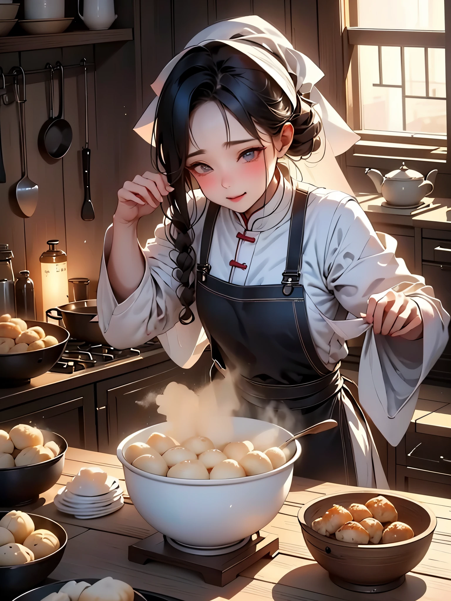 (top-quality、hight resolution:1.2) 、(reallistic、フォトreallistic:1.37) 、HDR、Studio Lighting、ultra-detailliert、 Girl in the kitchen、Girl in an apron、beatiful detailed eyes、Beautiful detailed lips、 cooking scene、Delicious aroma、flour on countertop、kitchenware、 gyoza dough、rolling pin、gyoza wrapper、Baked dumplings、steam、 Fresh ingredientinced pork、mushroom、col、green onion、 traditional chinese dumplings、Chinese food、Authentic taste、 vivd colour、Warm tones、Soft lighting、 happy atmosphere、fun look、 whets the appetite、crispy gyoza skin。