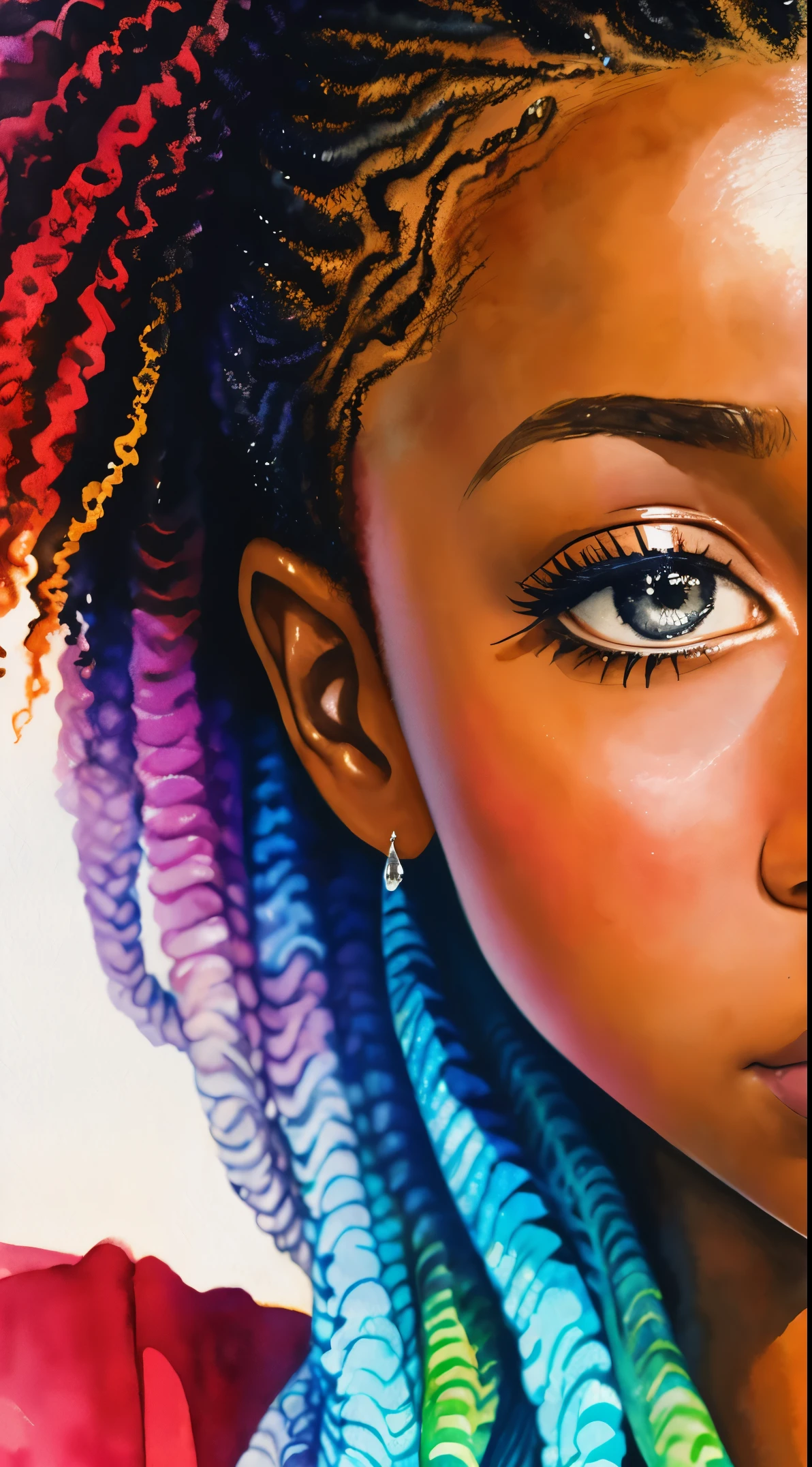 pintura de uma mulher com cabelos cacheados no cabelo, inspirado em Chinwe Chukwuogo-Roy, linda garota negra, Garota afro-americana, adolescente negra, close médio, retrato em aquarela, tendências em arte, carrancudo, apático, tranças encaracoladas brilhantes, Altamente detalhado, 8K, Ultra HD