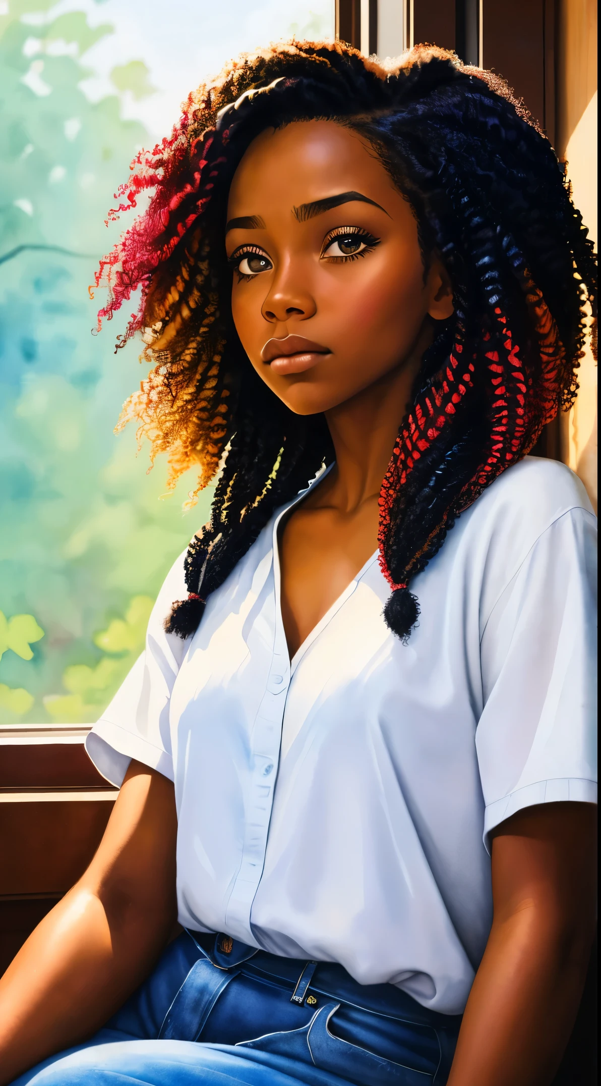 Картина женщины с вьющимися волосами, вдохновленный Чинве Чуквуого-Роем, хорошенькая черная девушка, Африканская американская девушка, черная девочка-подросток, сидя возле окна, естественный_Свет, акварельный портрет, в тренде на artstration, Нахмурившись, апатичный, блестящие вьющиеся косички, очень подробный, 8К, UHD