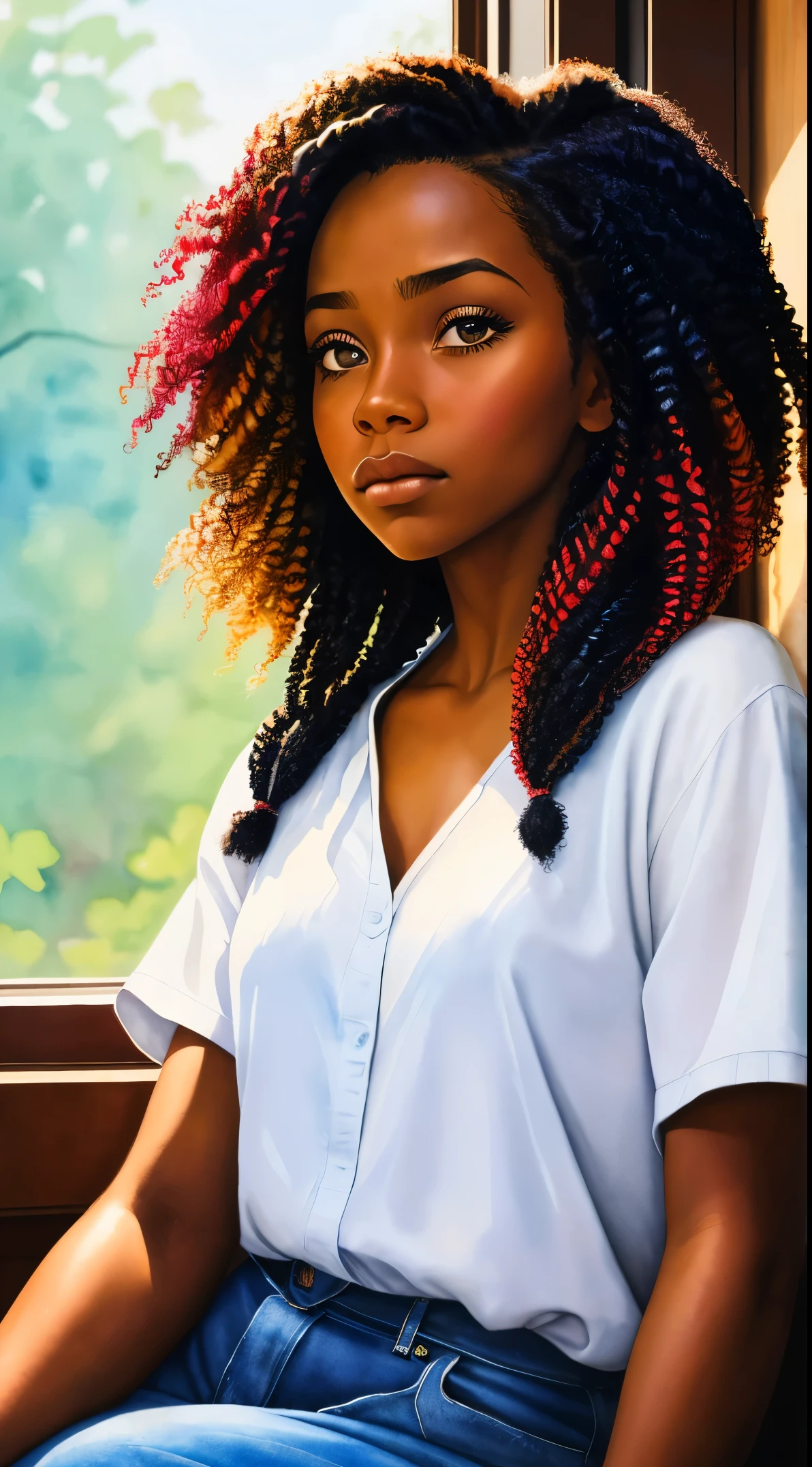 pintura de uma mulher com cabelos cacheados no cabelo, inspirado em Chinwe Chukwuogo-Roy, linda garota negra, Garota afro-americana, adolescente negra, sentado perto de uma janela, natural_Luz, retrato em aquarela, tendências em arte, carrancudo, apático, tranças encaracoladas brilhantes, Altamente detalhado, 8K, Ultra HD