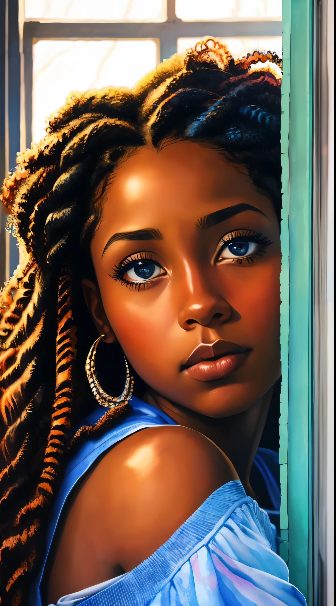 painting of a woman with a curly hair in her hair, inspired by Chinwe Chukwuogo-Roy, pretty black girl, african american girl, black teenage girl, sitting near a window, natural_light, watercolor portrait, trending on artstration, frowning, apathetic, shiny curly braids, highly detailed, 8k, uhd