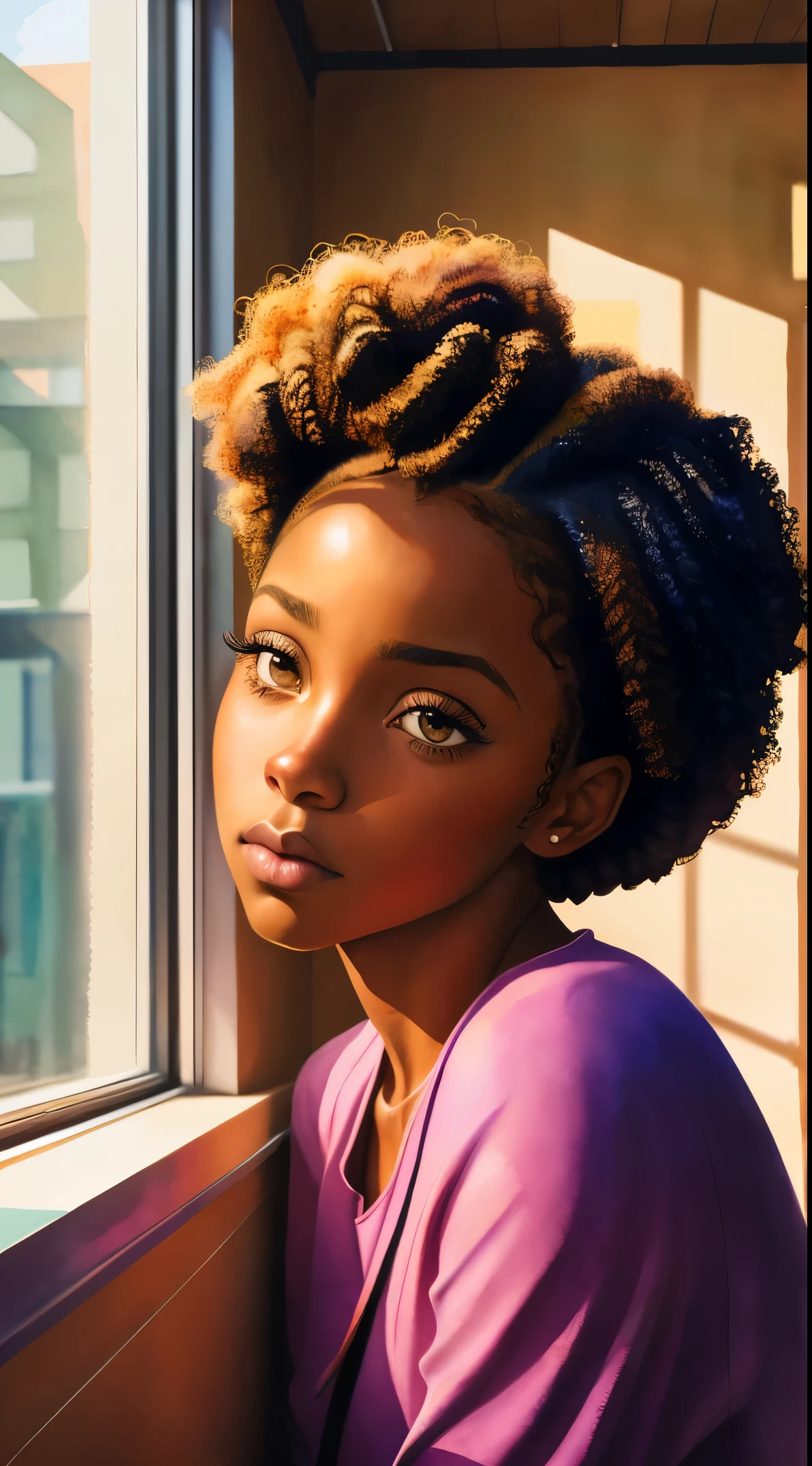 Картина женщины с вьющимися волосами, вдохновленный Чинве Чуквуого-Роем, хорошенькая черная девушка, Африканская американская девушка, черная девочка-подросток, сидя возле окна, естественный_Свет, акварельный портрет, в тренде на artstration, Нахмурившись, апатичный, блестящие вьющиеся косички, очень подробный, 8К, UHD