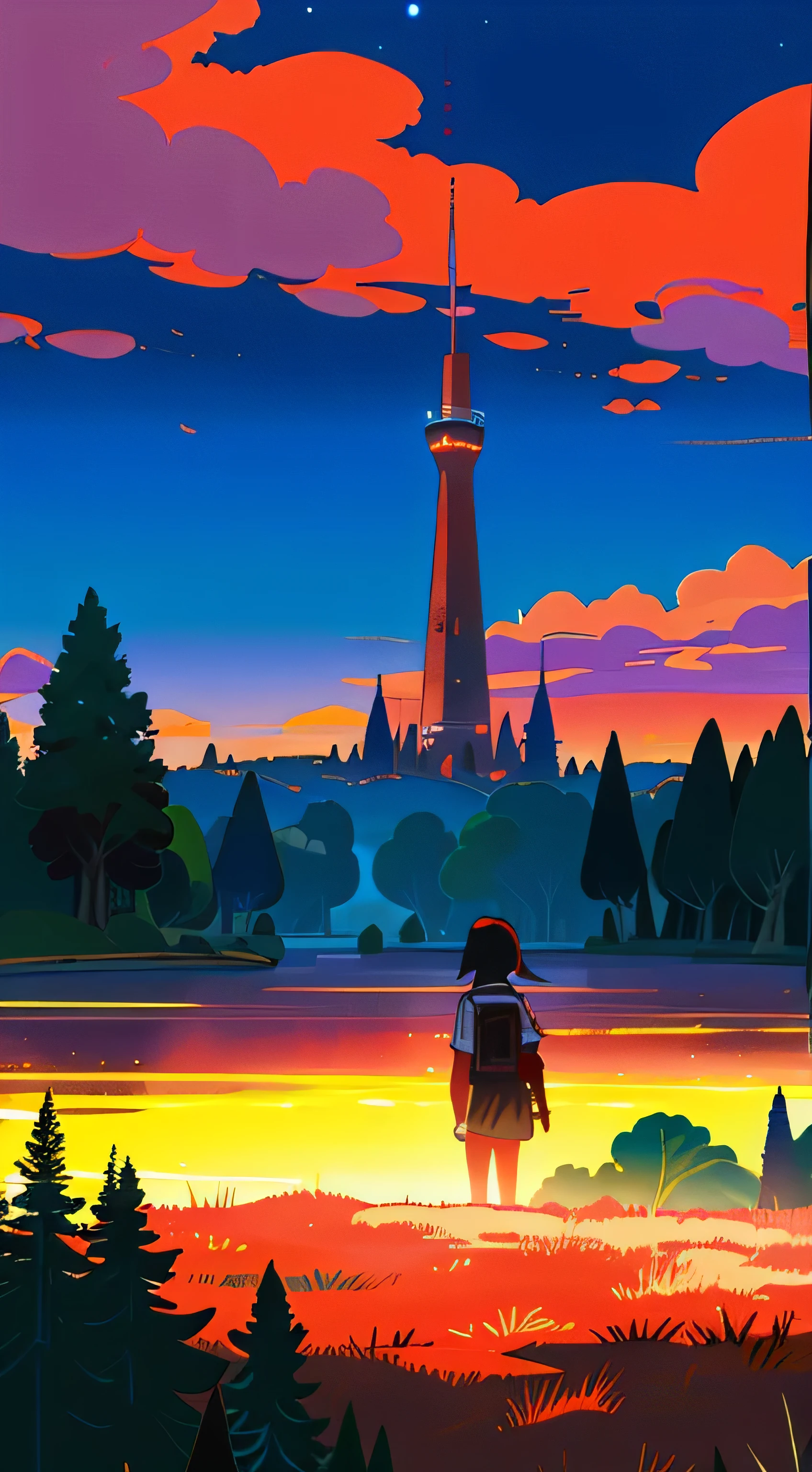 High resolution, 13 years old girl, stand back for her back, she wearing sailor uniform, she has a short black hair, look a large red tower in distance, while the tower among forest. The time is evening.