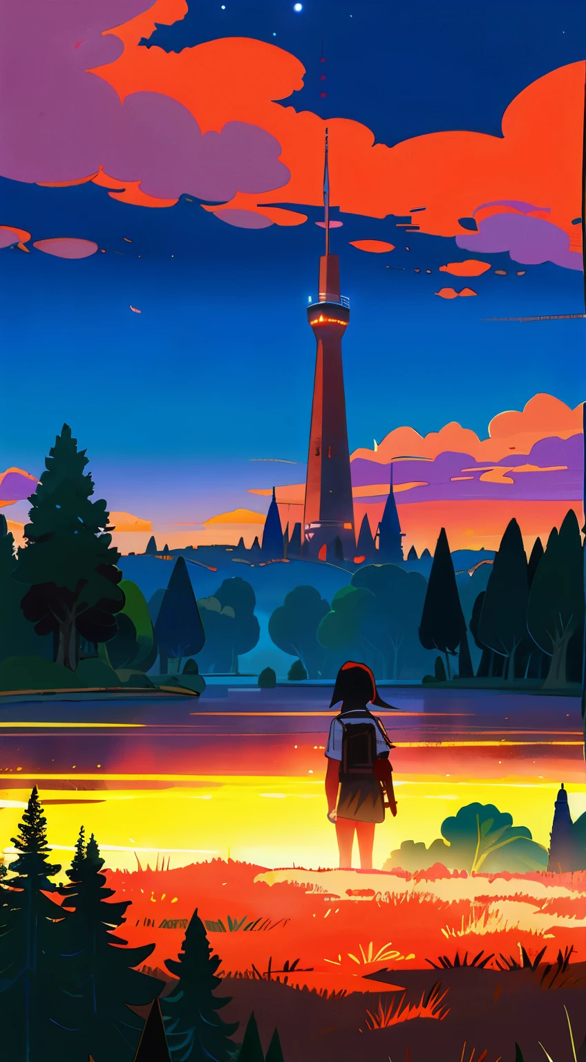 High resolution, 13 years old girl, stand back for her back, she wearing sailor uniform, she has a short black hair, look a large red tower in distance, while the tower among forest. The time is evening.