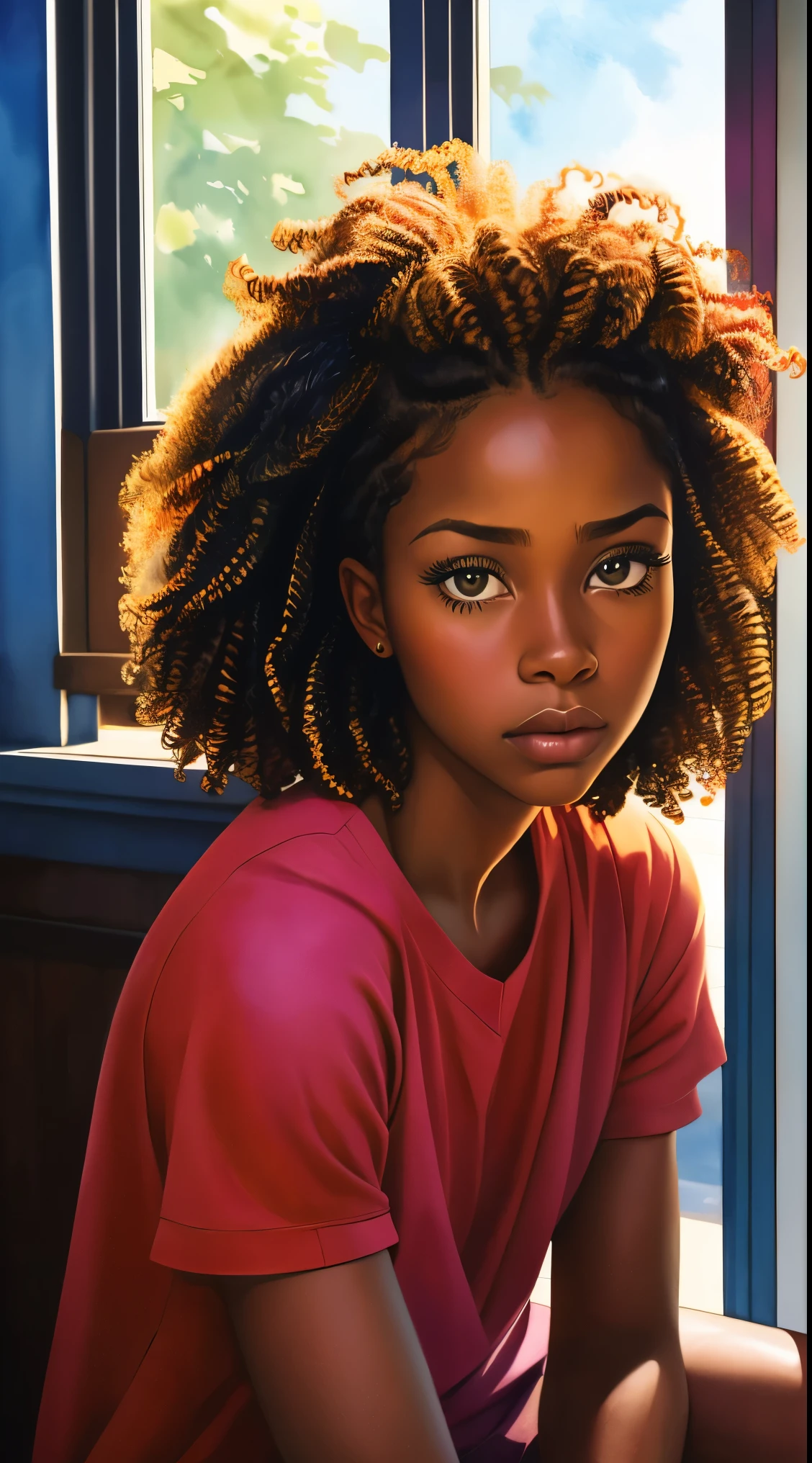 painting of a woman with a curly hair in her hair, inspired by Chinwe Chukwuogo-Roy, pretty black girl, african american girl, black teenage girl, sitting near a window, natural_light, watercolor portrait, trending on artstration, frowning, apathetic, shiny curly braids, highly detailed, 8k, uhd