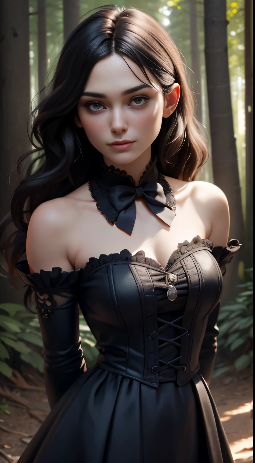 photo of Keira Knightley, RAW, beautiful woman, ((portrait)), ((detailed face:1.2)), ((detailed facial feature, detailed skin, clear skin), (perfect proportioned body), (wearing American McGee's Alice in Wonderland dress, Alice lydell dress), (high detailed giant mystical forest), (arms behind back: 1.2), (realistic photo, best quality, detailed), (8k wallpaper), (cinematic lighting, dramatic lighting) (sharp focus, intricate)