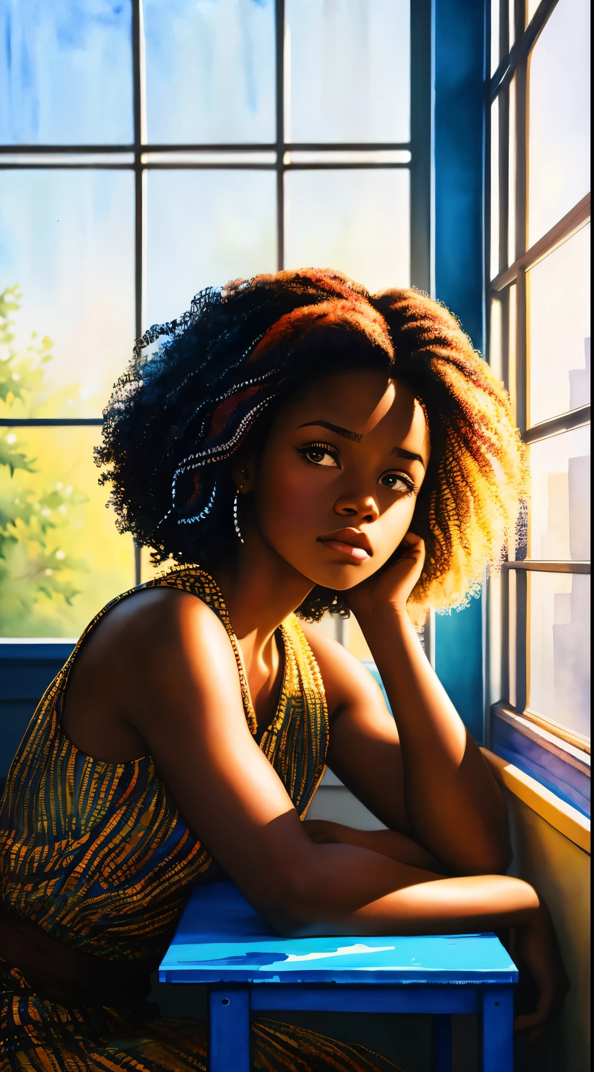 peinture d&#39;une femme avec des cheveux bouclés dans les cheveux, inspiré par Chinwe Chukwuogo-Roy, jolie fille noire, fille afro-américaine, adolescente noire, assis près d’une fenêtre, naturel_Lumière, portrait à l&#39;aquarelle, tendance sur l&#39;artstration, Renfrogné, apathique, tresses bouclées brillantes, très détaillé, 8k, UHD