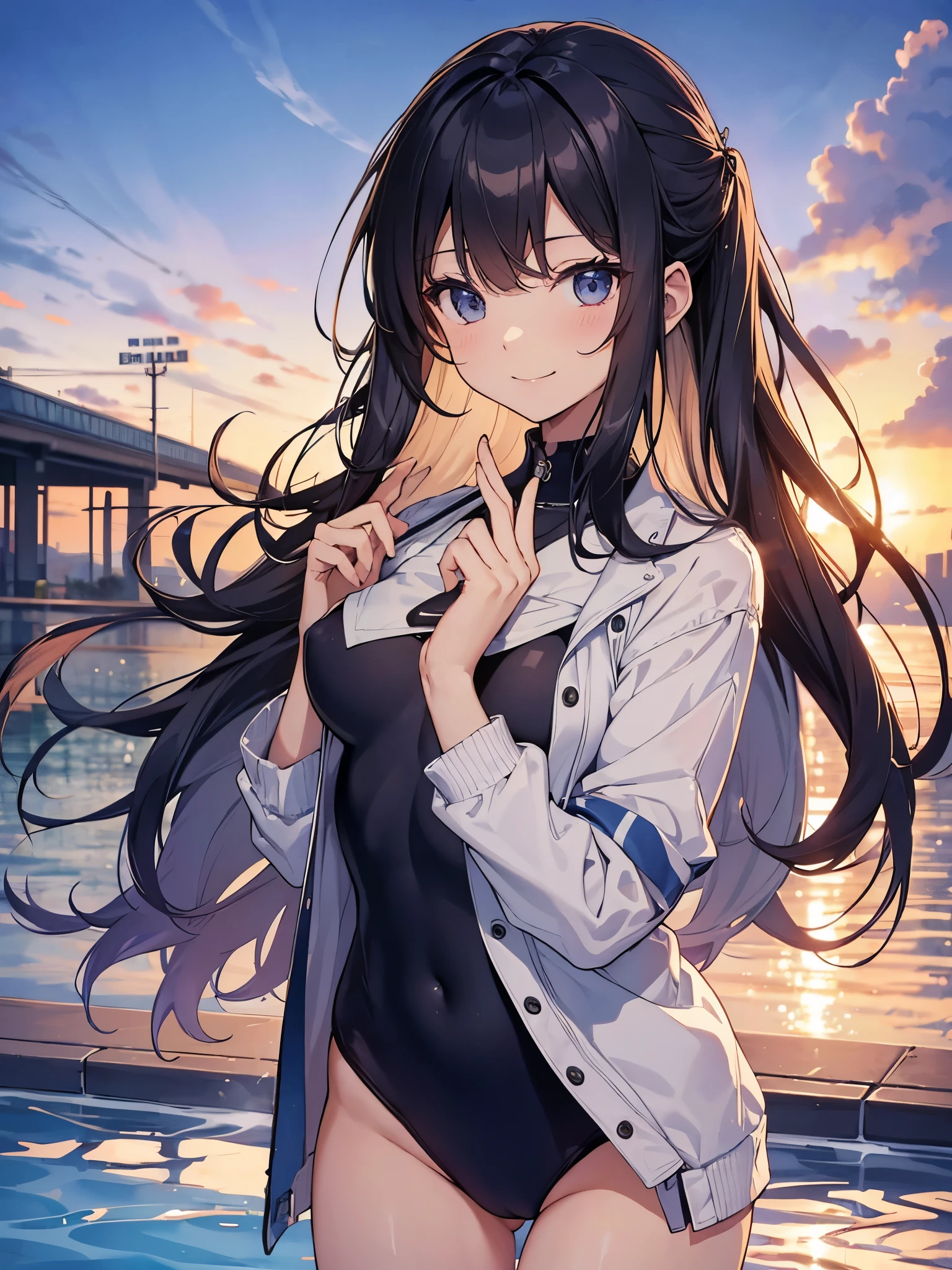 ((4K、8K、top-quality、Perfect fingers: 1.perfect anatomia: 1.3、Background blur))、((14years、a junior high school student、 、cute big droopy eyes、stright long hair、a beautiful slender girl、silber hair、A smile))、（onepiece swimsuit）、Full-body angle、school poolside、