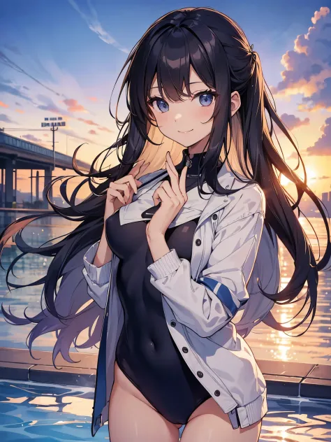 ((4K、8K、top-quality、Perfect fingers: 1.perfect anatomia: 1.3、Background blur))、((14years、a junior high school student、small tits 、cute big droopy eyes、stright long hair、a beautiful slender girl、silber hair、A smile))、（onepiece swimsuit）、Full-body angle、scho...